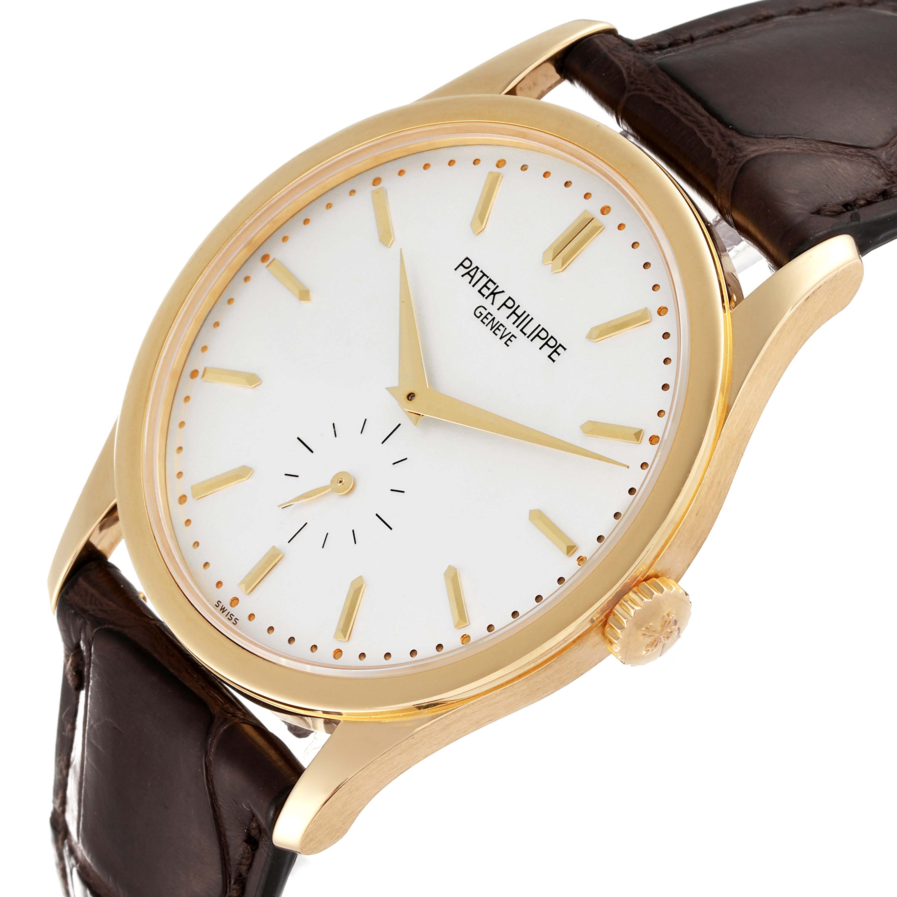 The image shows a Patek Philippe Calatrava 5196J Men's Yellow Gold Silver Dial 5196J Men's Yellow Gold Silver Dial watch angled from the front right, highlighting the dial, hands, case, and leather strap.