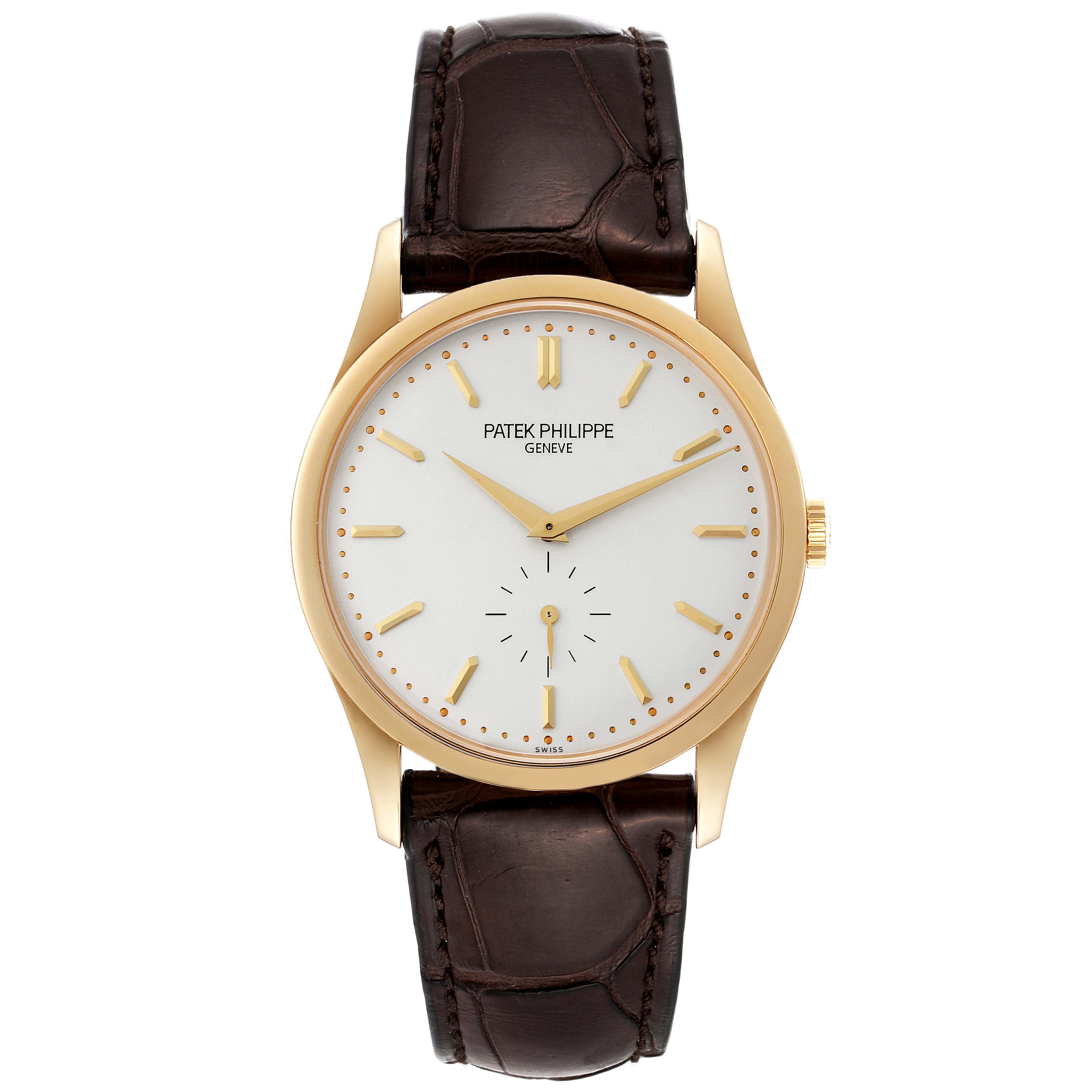 The image shows a front view of a Patek Philippe Calatrava 5196J Men's Yellow Gold Silver Dial 5196J Men's Yellow Gold Silver Dial watch, highlighting its dial, hands, case, and leather strap.