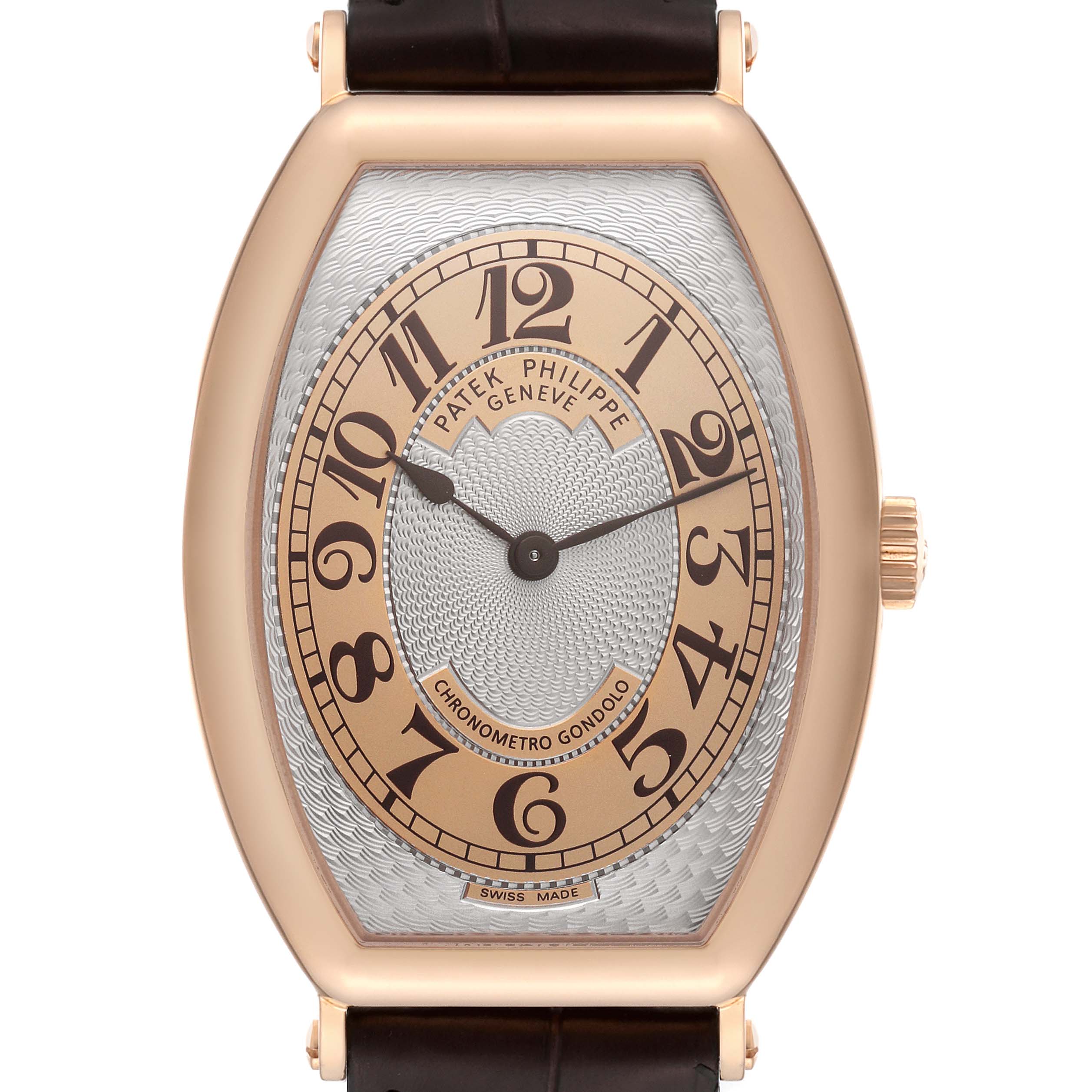 The image shows a frontal view of the Patek Philippe Gondolo 5098R-001 Men's Rose Gold Silver Dial 5098R-001 Men's Rose Gold Silver Dial watch, highlighting its dial, casing, and strap.
