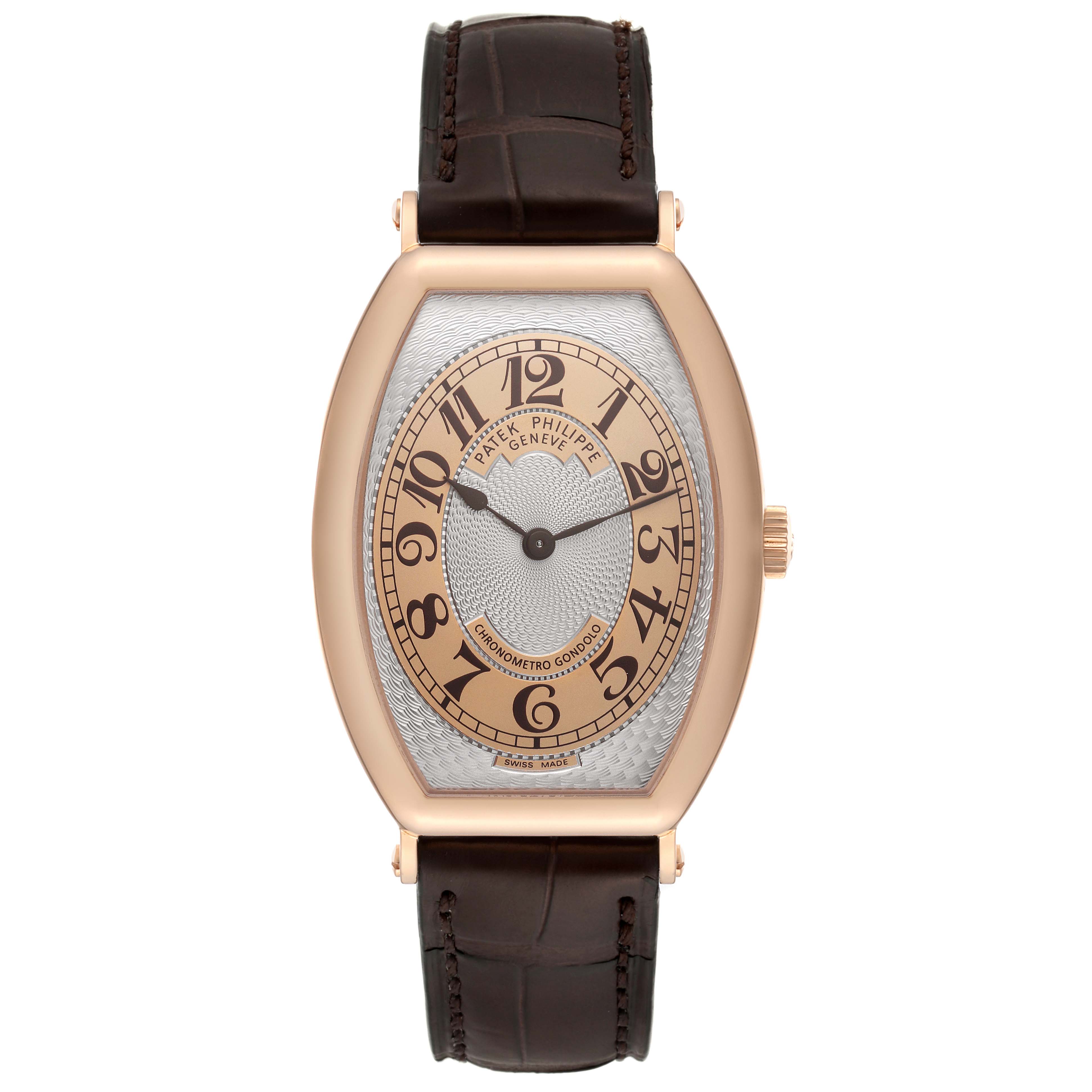 This is a front view of the Patek Philippe Gondolo 5098R-001 Men's Rose Gold Silver Dial 5098R-001 Men's Rose Gold Silver Dial watch, showing the dial, hands, and strap.