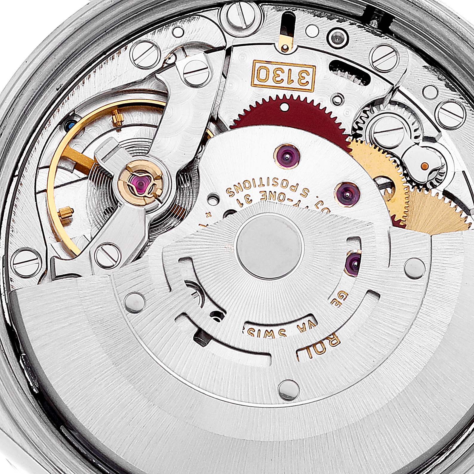 This image shows an internal view of the movement mechanism of the Rolex Air-King 14010 Men's Stainless Steel Blue Dial 14010 Men's Stainless Steel Blue Dial watch at a close-up angle.