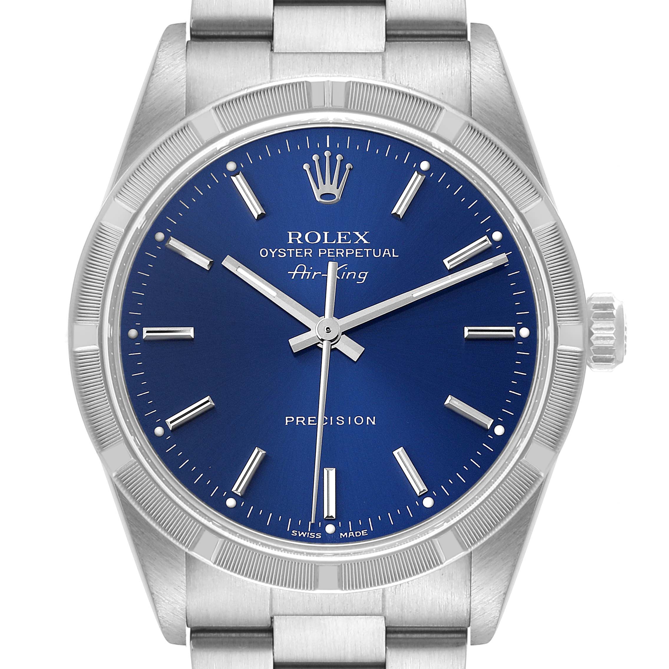 The image shows a front view of a Rolex Air-King 14010 Men's Stainless Steel Blue Dial 14010 Men's Stainless Steel Blue Dial watch, displaying its blue dial, markers, hands, crown, and a portion of its bracelet.