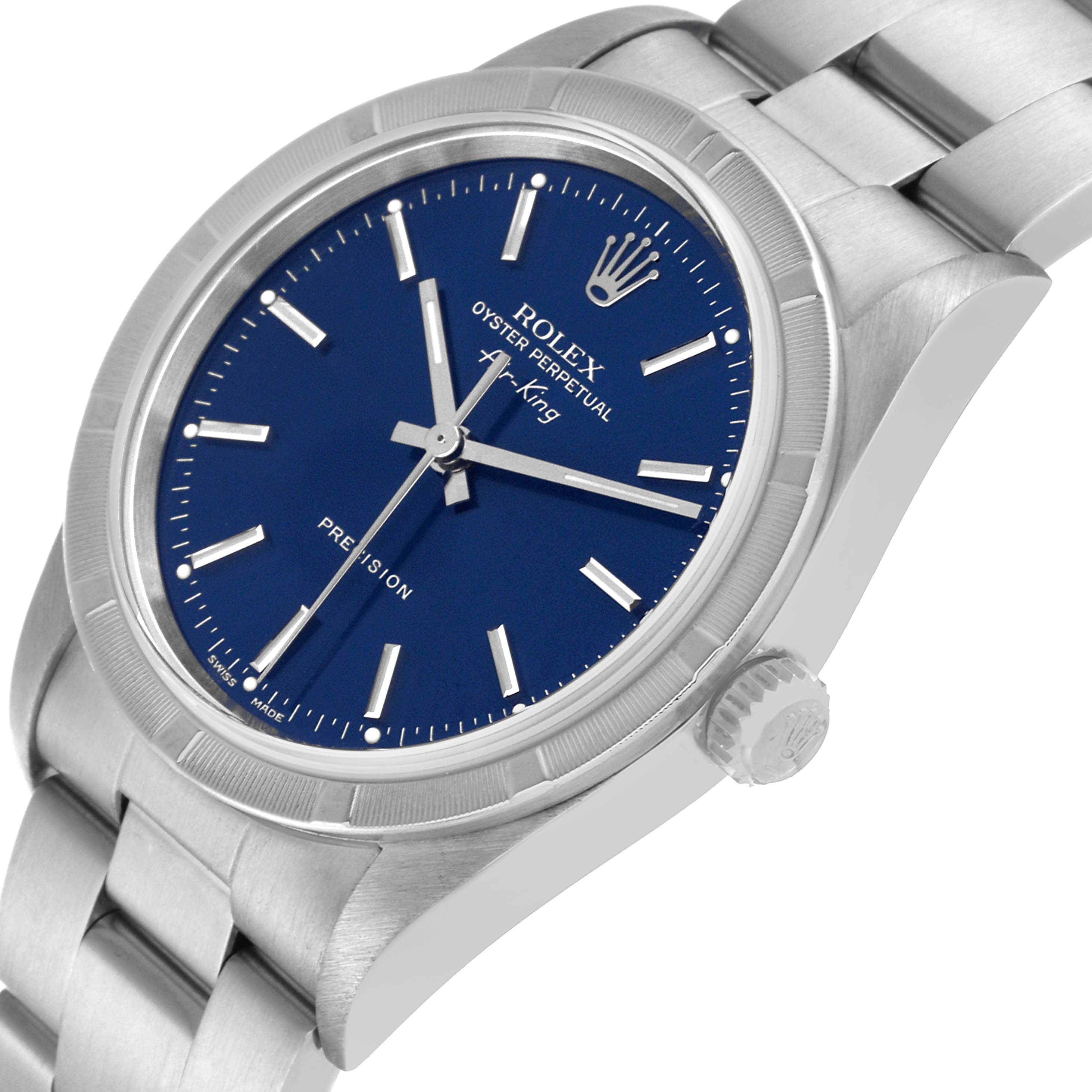 The image shows a close-up of the Rolex Air-King 14010 Men's Stainless Steel Blue Dial 14010 Men's Stainless Steel Blue Dial watch at a slight angle, highlighting the blue dial, crown, and stainless steel bracelet.