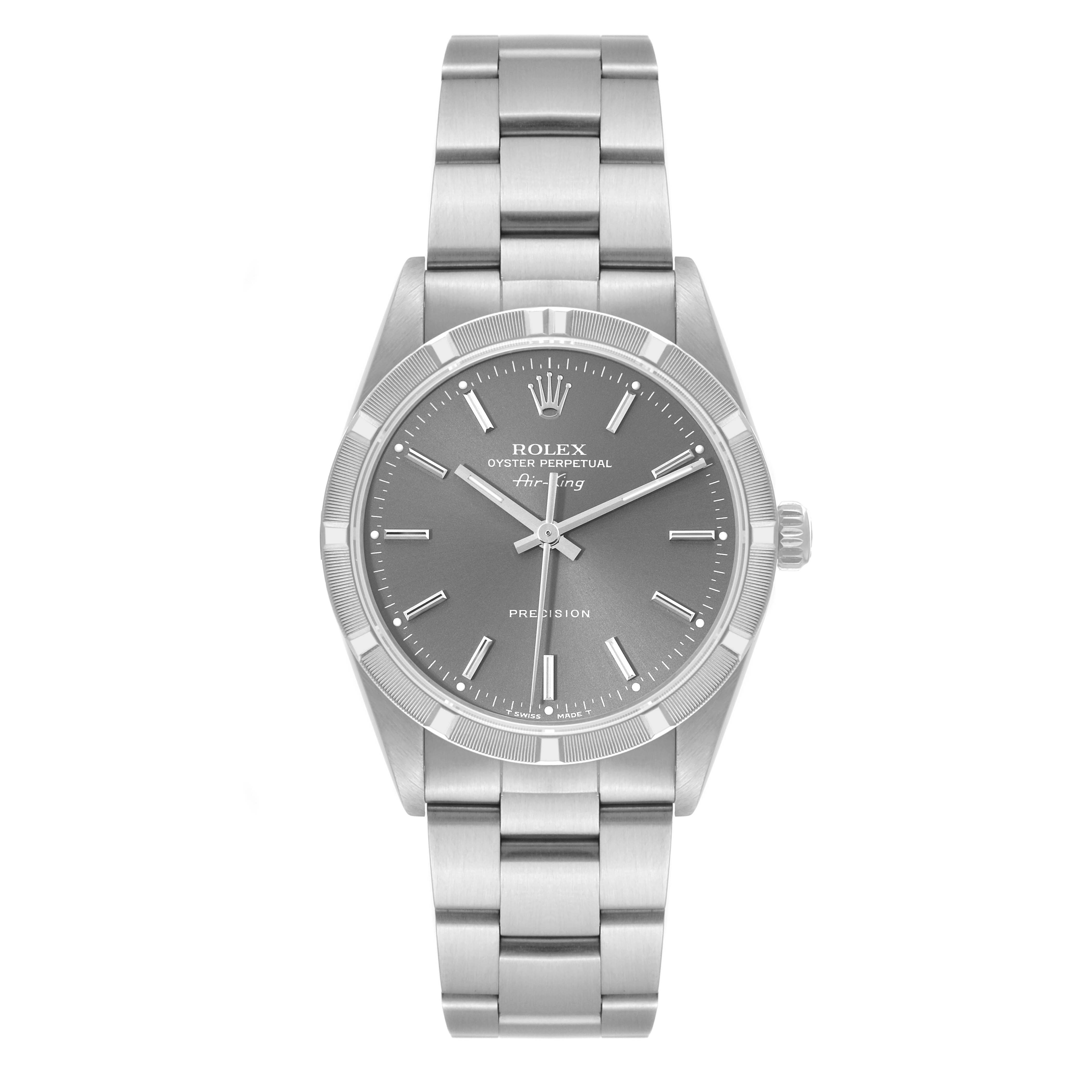 The image shows a front view of the Rolex Air-King 14010 Men's Stainless Steel Grey Dial 14010 Men's Stainless Steel Grey Dial watch, displaying the dial, bezel, crown, and bracelet.