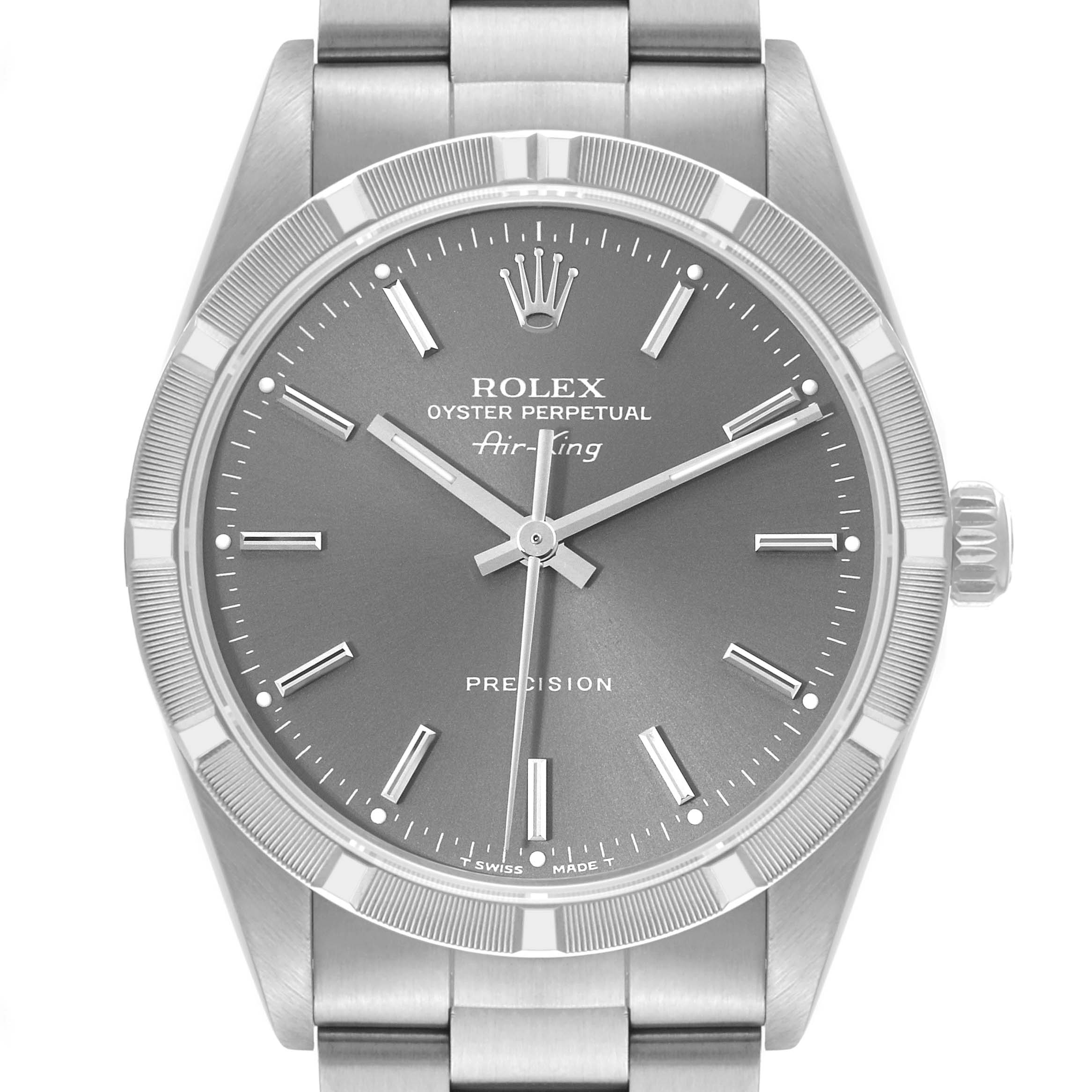 The image shows a front view of the Rolex Air-King 14010 Men's Stainless Steel Grey Dial 14010 Men's Stainless Steel Grey Dial watch, displaying the face, hands, bezel, and part of the metal bracelet.