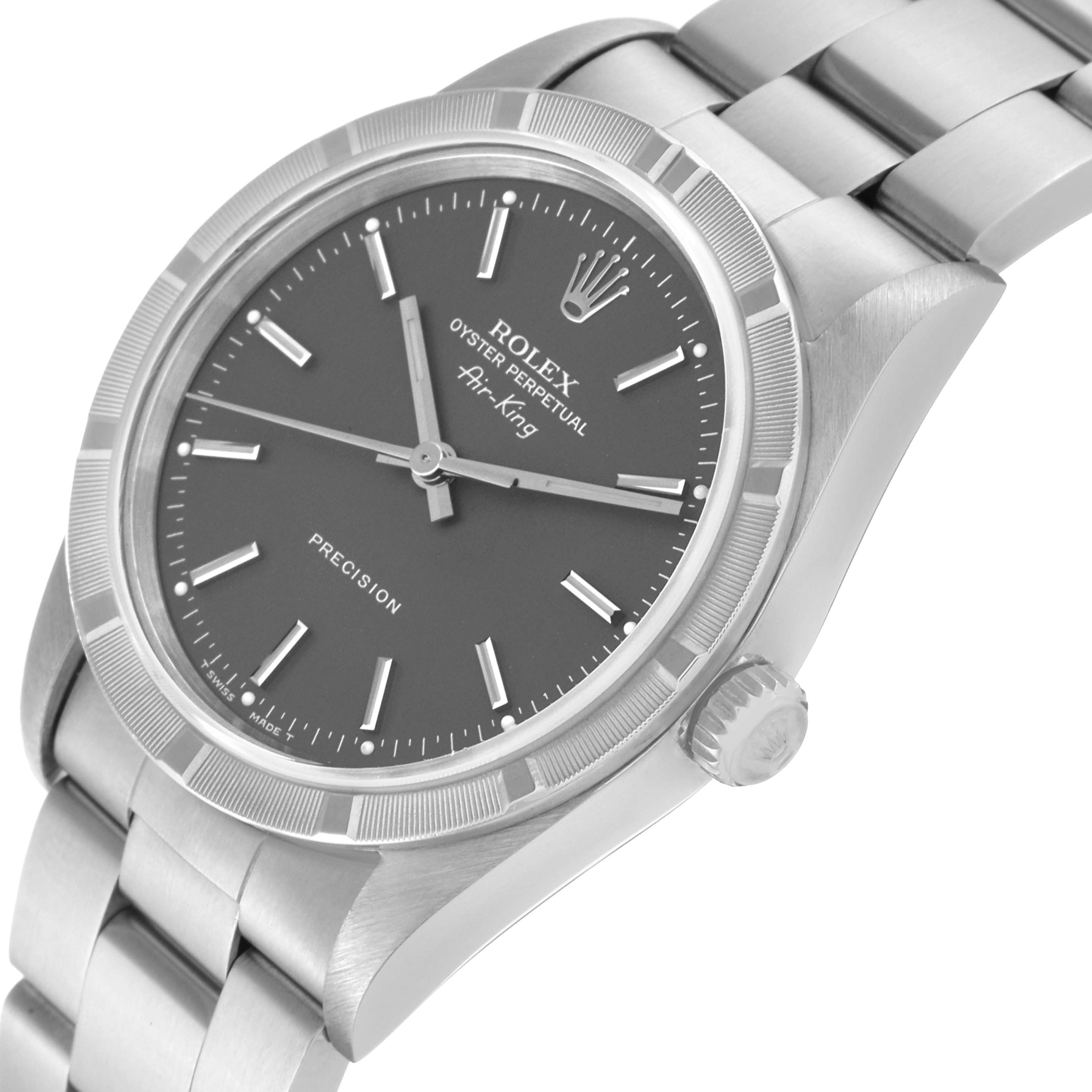 The image shows a close-up of the Rolex Air-King 14010 Men's Stainless Steel Grey Dial 14010 Men's Stainless Steel Grey Dial watch from an angled view, highlighting the watch face, case, crown, and part of the bracelet.
