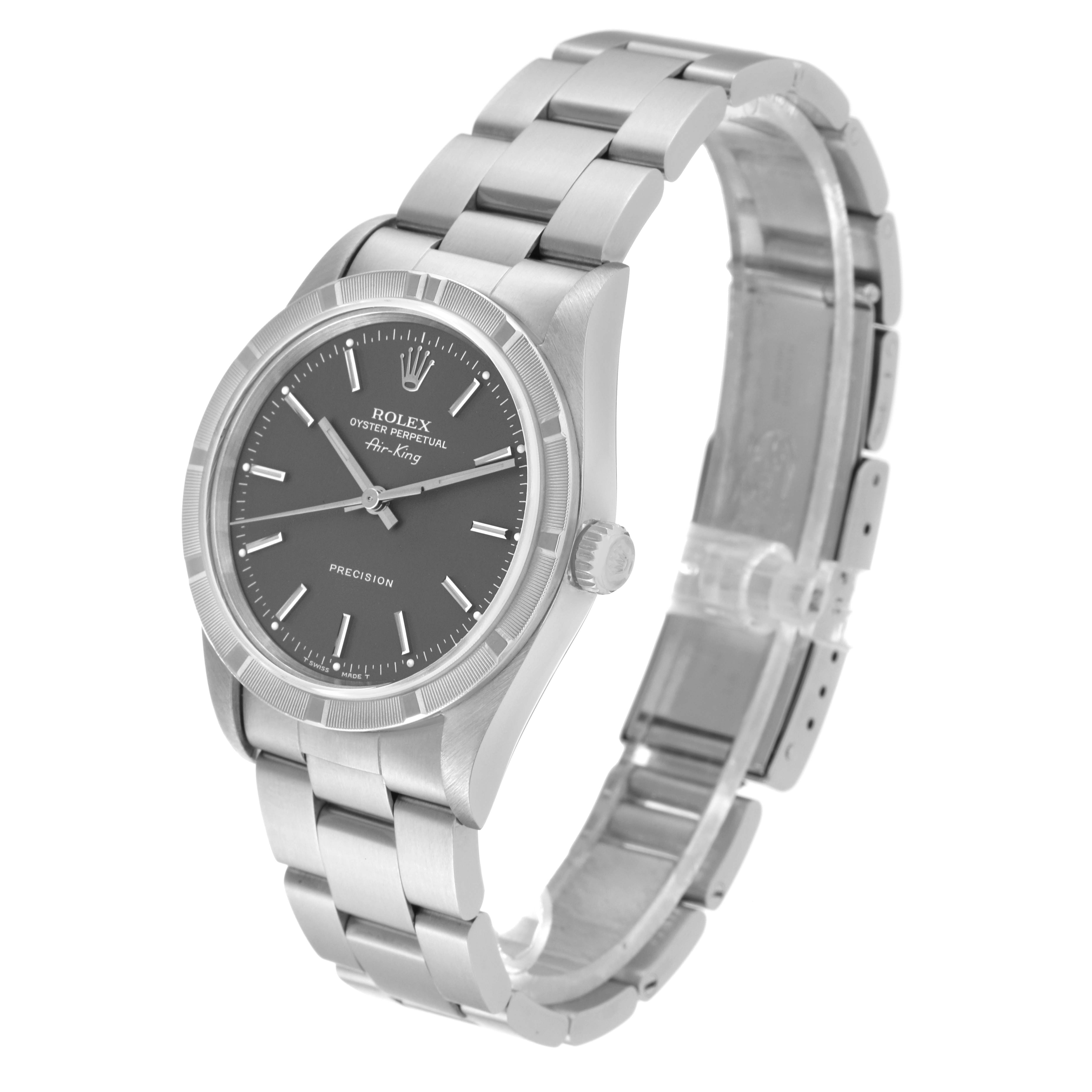 The Rolex Air-King 14010 Men's Stainless Steel Grey Dial 14010 Men's Stainless Steel Grey Dial watch is shown at an angled side view, showcasing the dial, watch case, crown, and part of the bracelet.