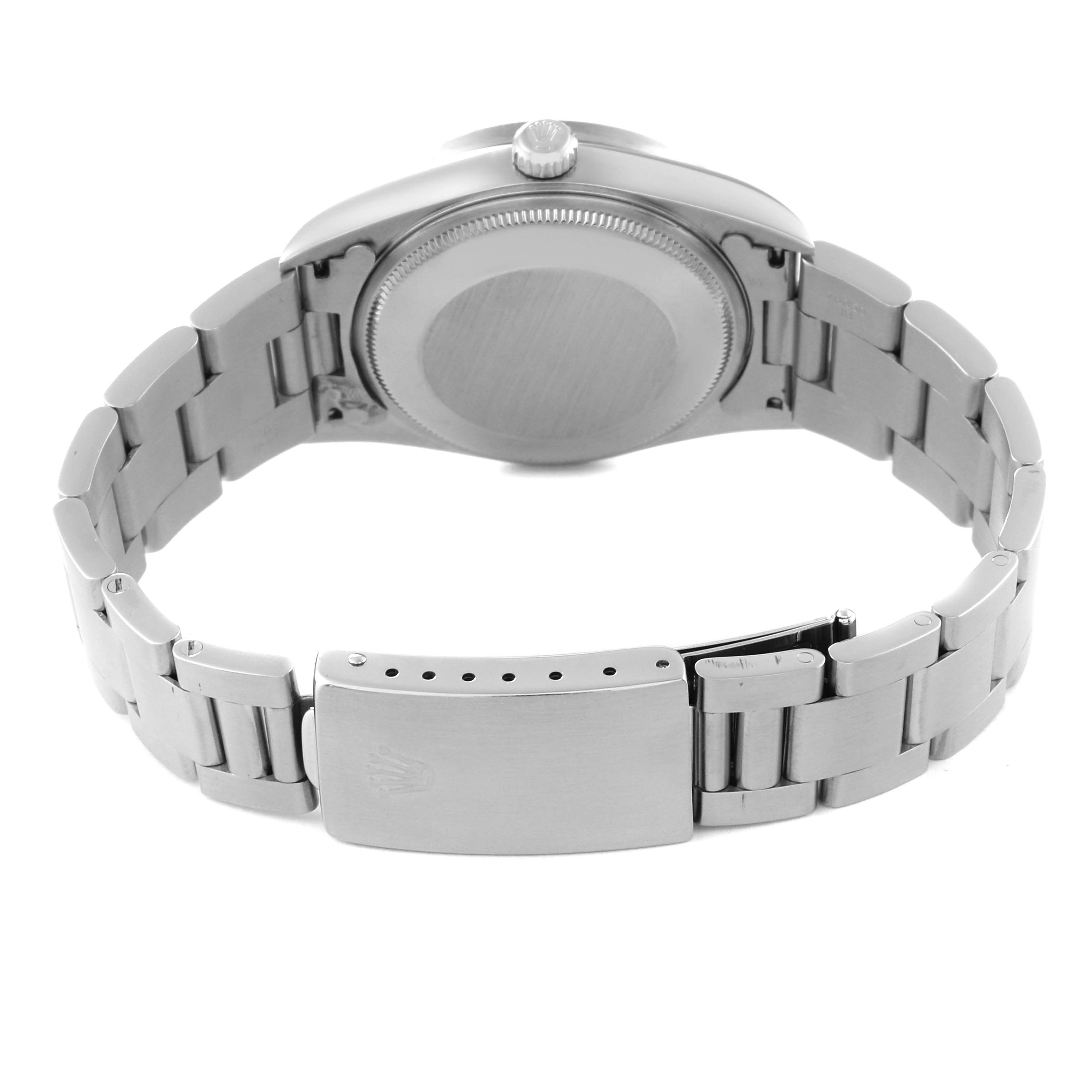 The image shows the backside of the Rolex Air-King 14010 Men's Stainless Steel Grey Dial 14010 Men's Stainless Steel Grey Dial watch, highlighting the case back, bracelet, and clasp.