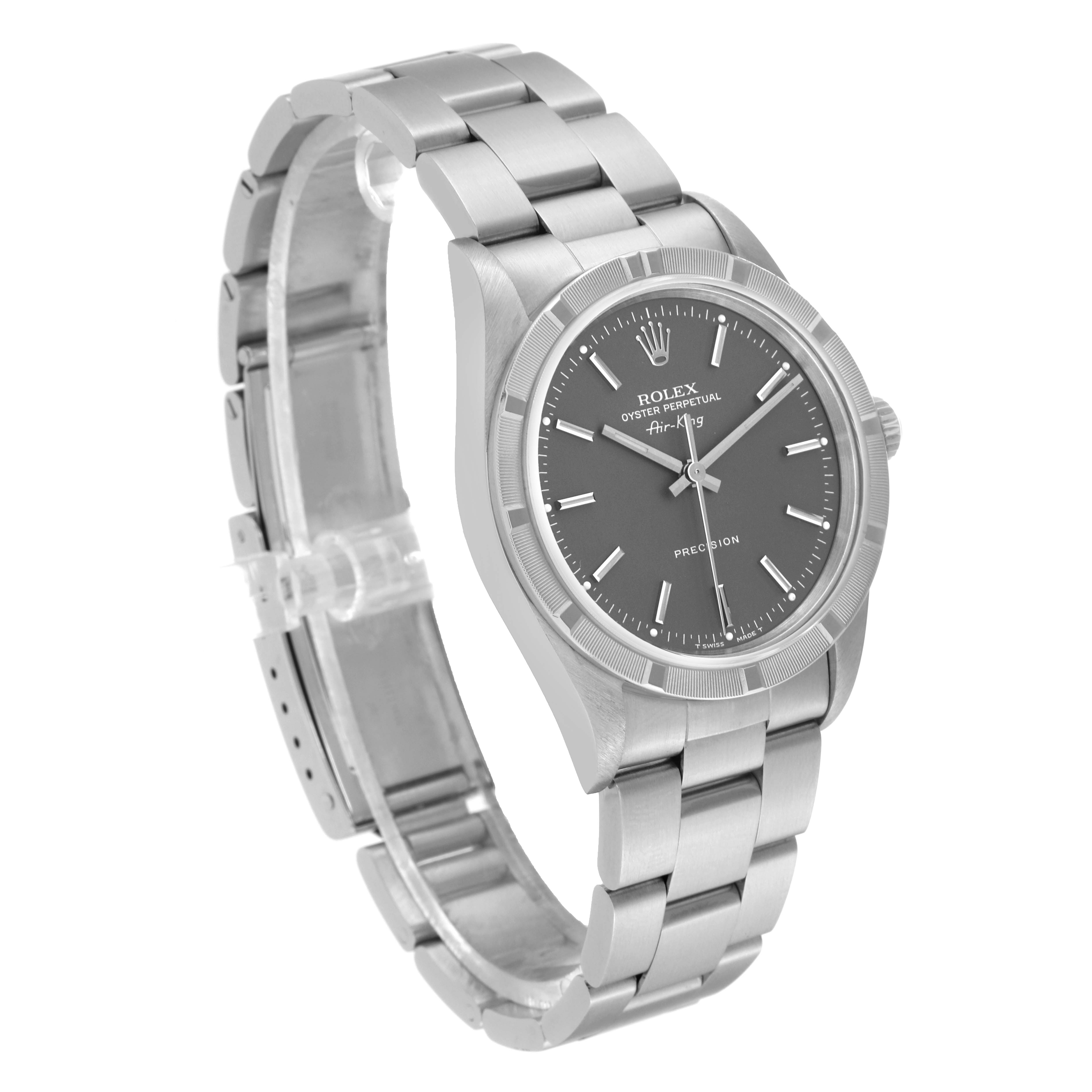 This Rolex Air-King 14010 Men's Stainless Steel Grey Dial 14010 Men's Stainless Steel Grey Dial watch is shown at a three-quarter angle, displaying the face, bezel, crown, and bracelet.