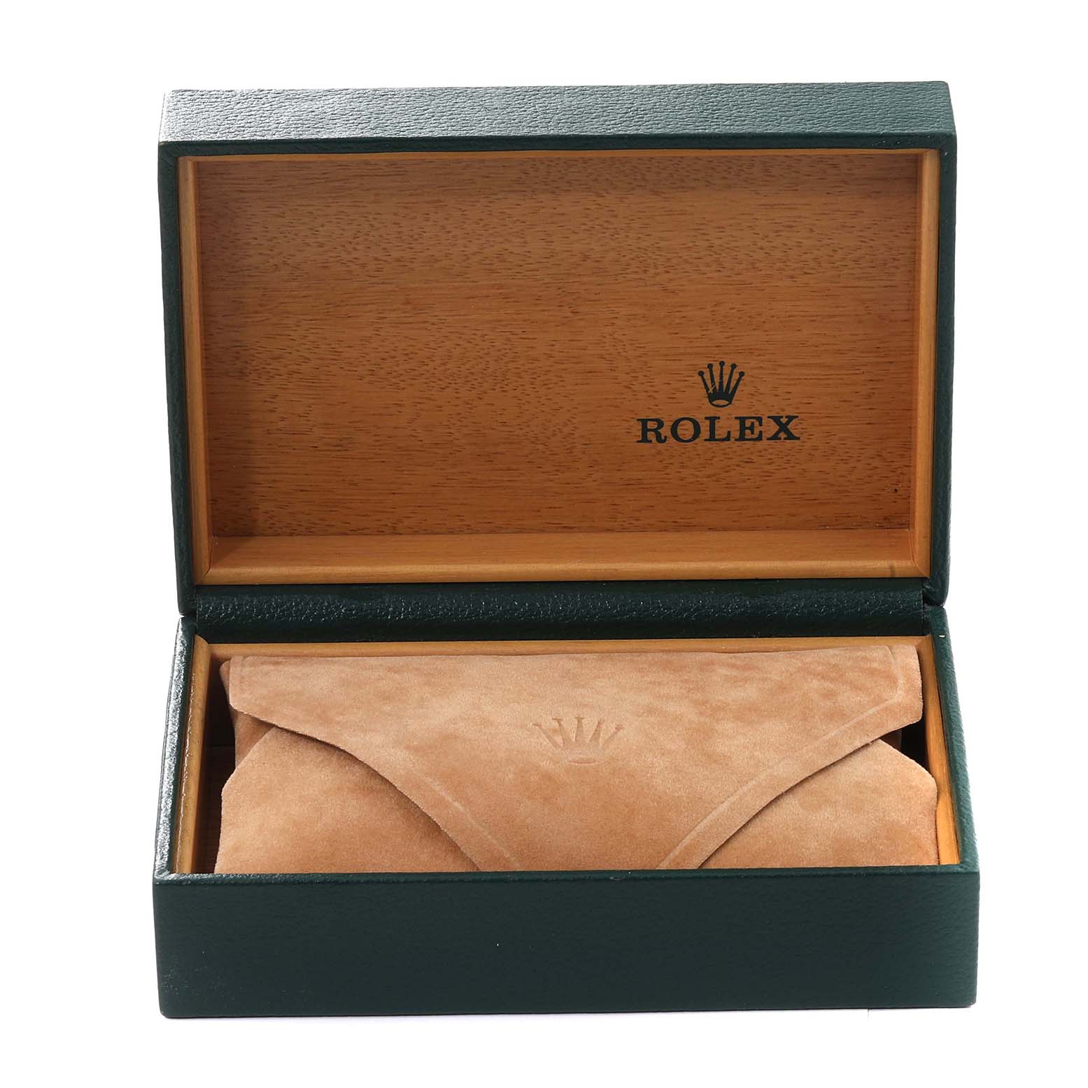 The image shows an open Rolex watch box, revealing a suede pouch inside, likely for the Air-King model.