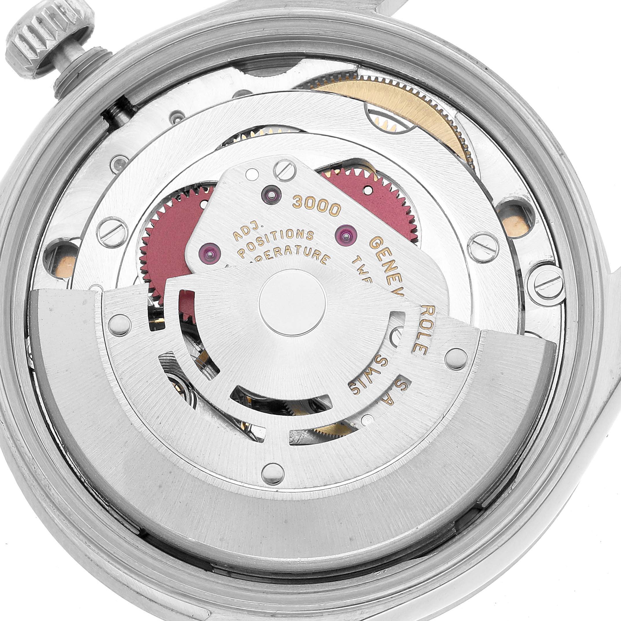 The image shows the movement mechanism of a Rolex Air-King 14010 Men's Stainless Steel Silver Dial watch from a top-down angle.