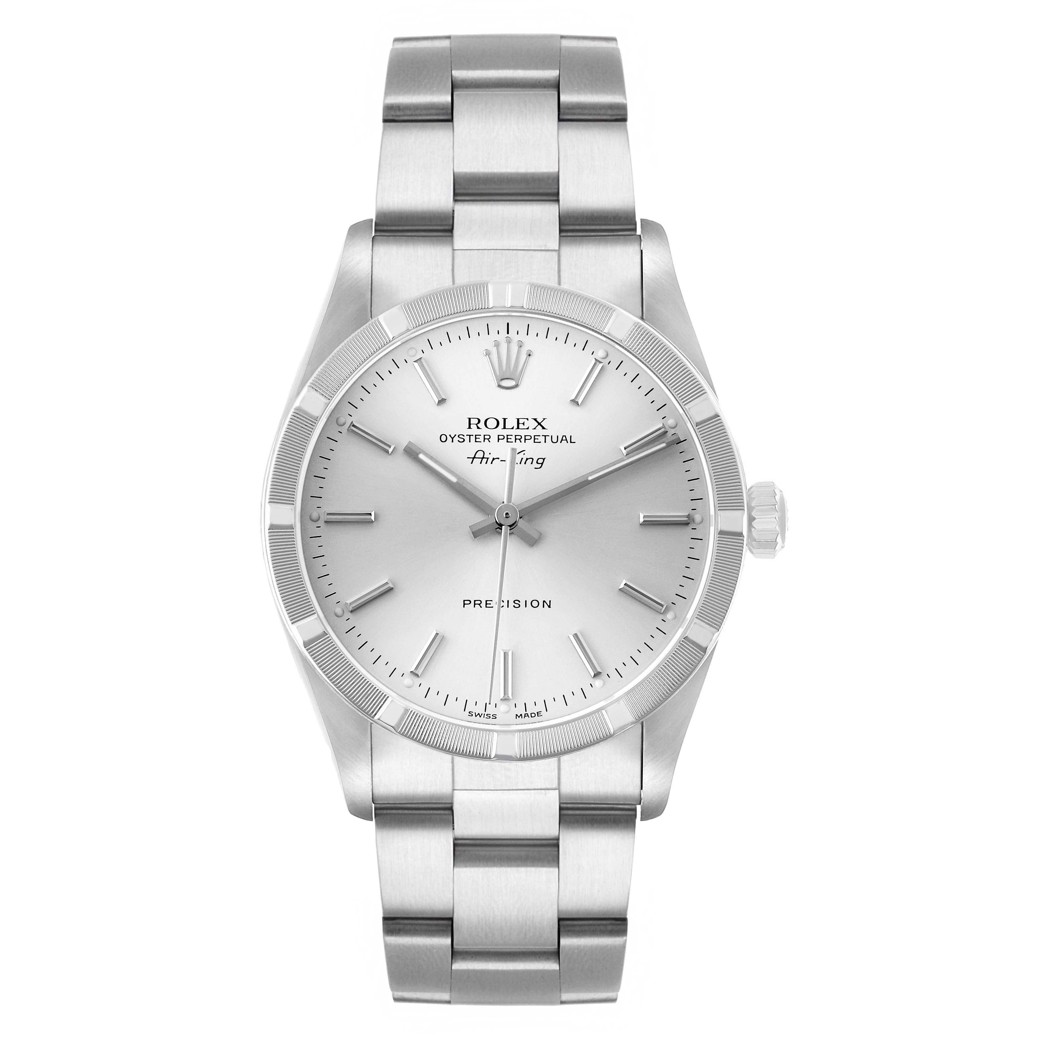 The Rolex Air-King 14010 Men's Stainless Steel Silver Dial watch is shown from a front angle, displaying its dial, bracelet, and crown.