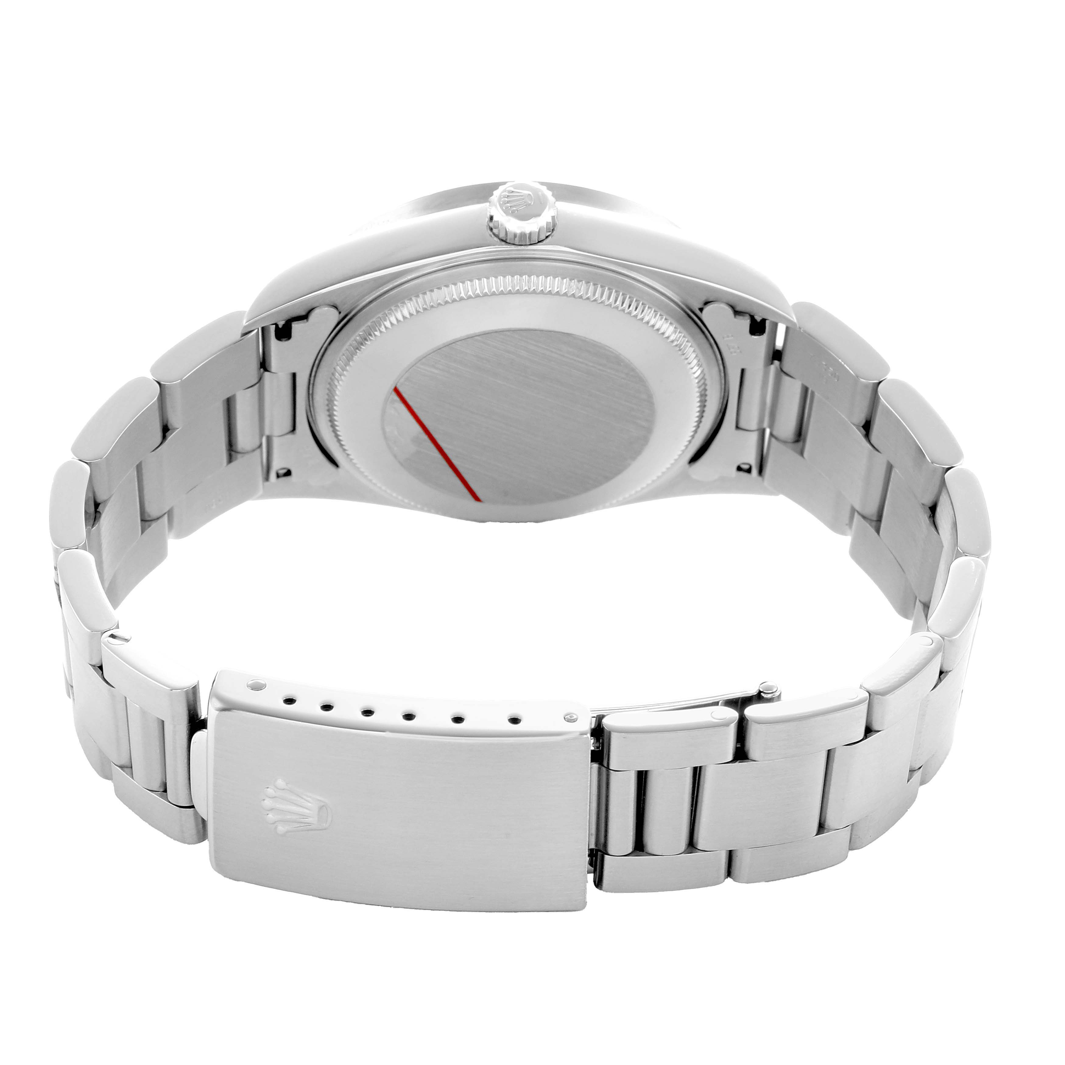 The image shows the backside of the Rolex Air-King 14010 Men's Stainless Steel Silver Dial watch, focusing on the case back, crown, and bracelet clasp.