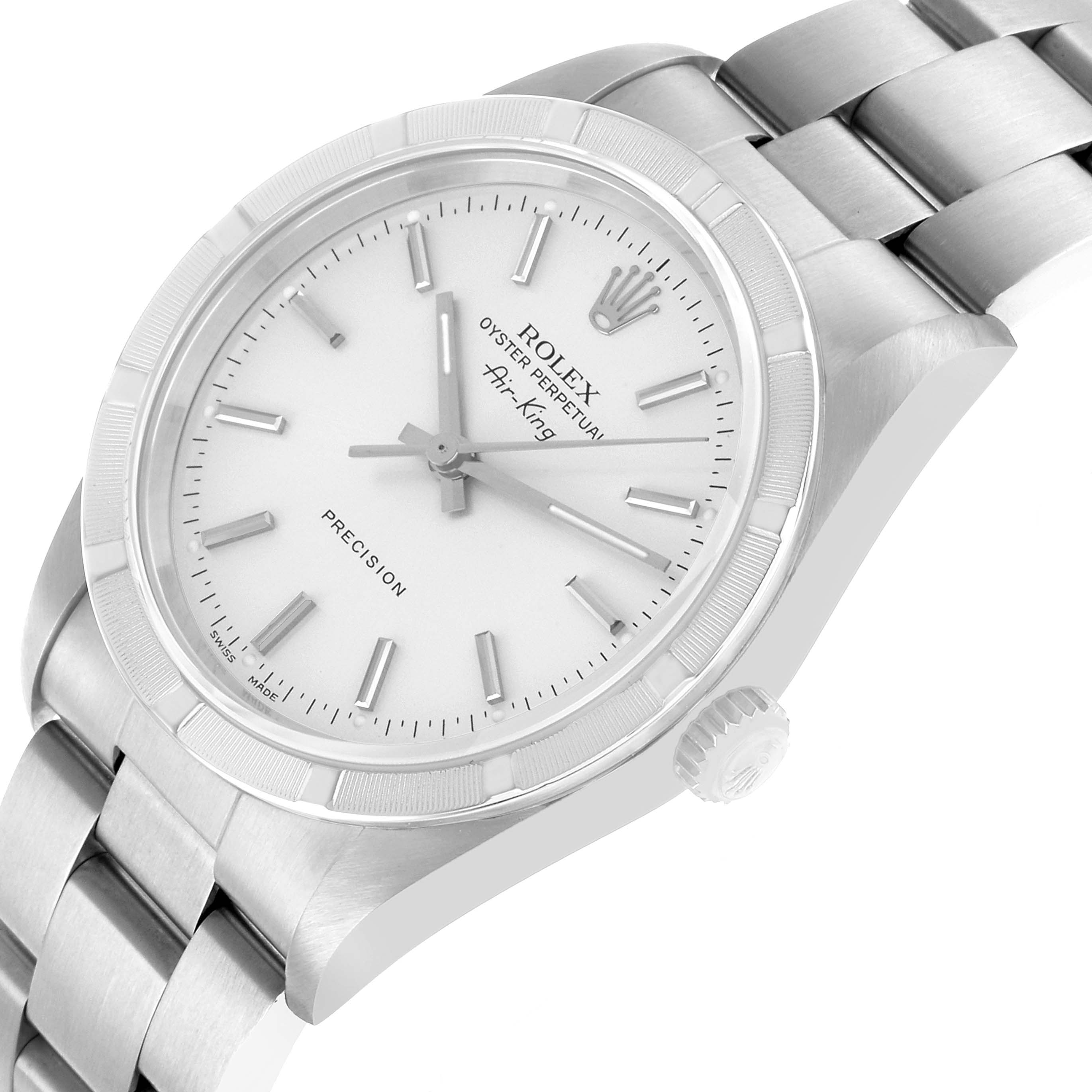 The Rolex Air-King 14010 Men's Stainless Steel Silver Dial watch is shown from a slightly tilted angle, highlighting the face, bezel, crown, and metal bracelet.