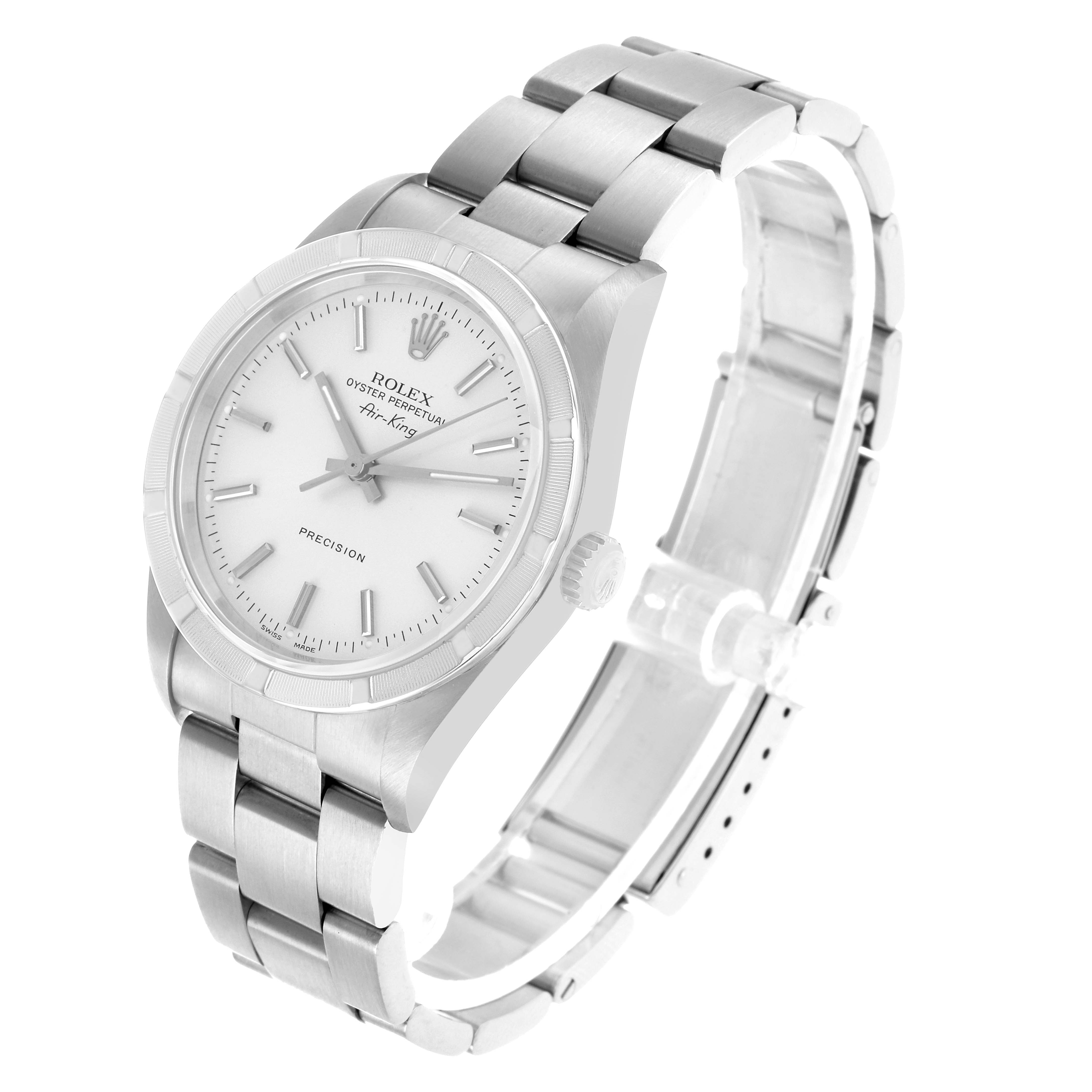 The Rolex Air-King 14010 Men's Stainless Steel Silver Dial watch is shown at a three-quarter angle, highlighting the face, bezel, crown, and bracelet.