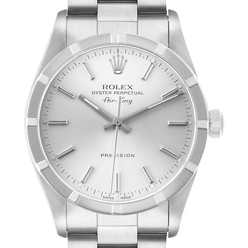 The Rolex Air-King 14010 Men's Stainless Steel Silver Dial watch is shown from a front angle, highlighting the dial, bezel, crown, and part of the bracelet.