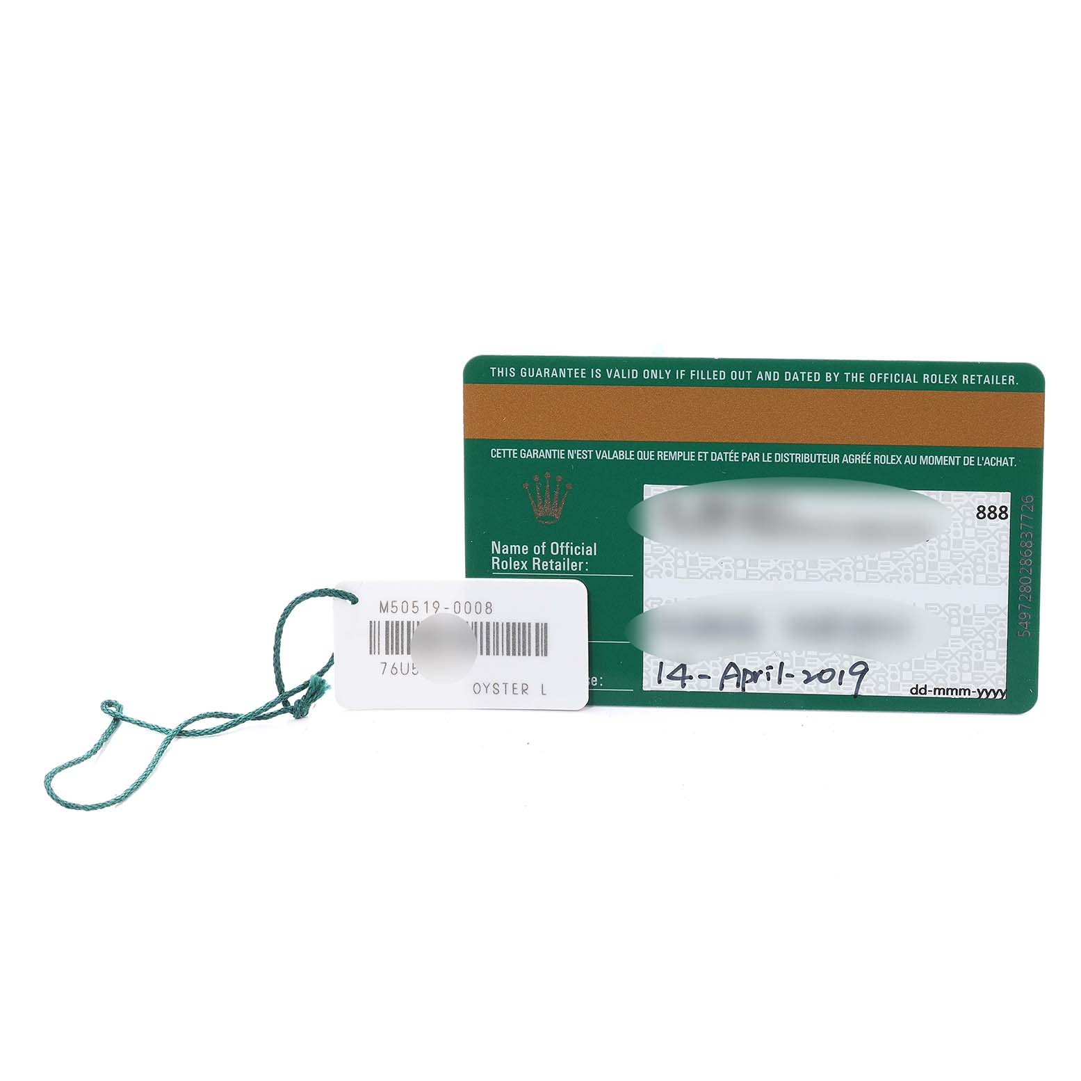 The image shows a warranty card and a hang tag for the Rolex Cellini 50519 Men
s White Gold Blue Dial 50519 Men
s White Gold Blue Dial model.