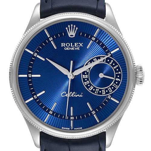 Photo of Rolex Cellini Date White Gold Blue Dial Mens Watch 50519 Box Card