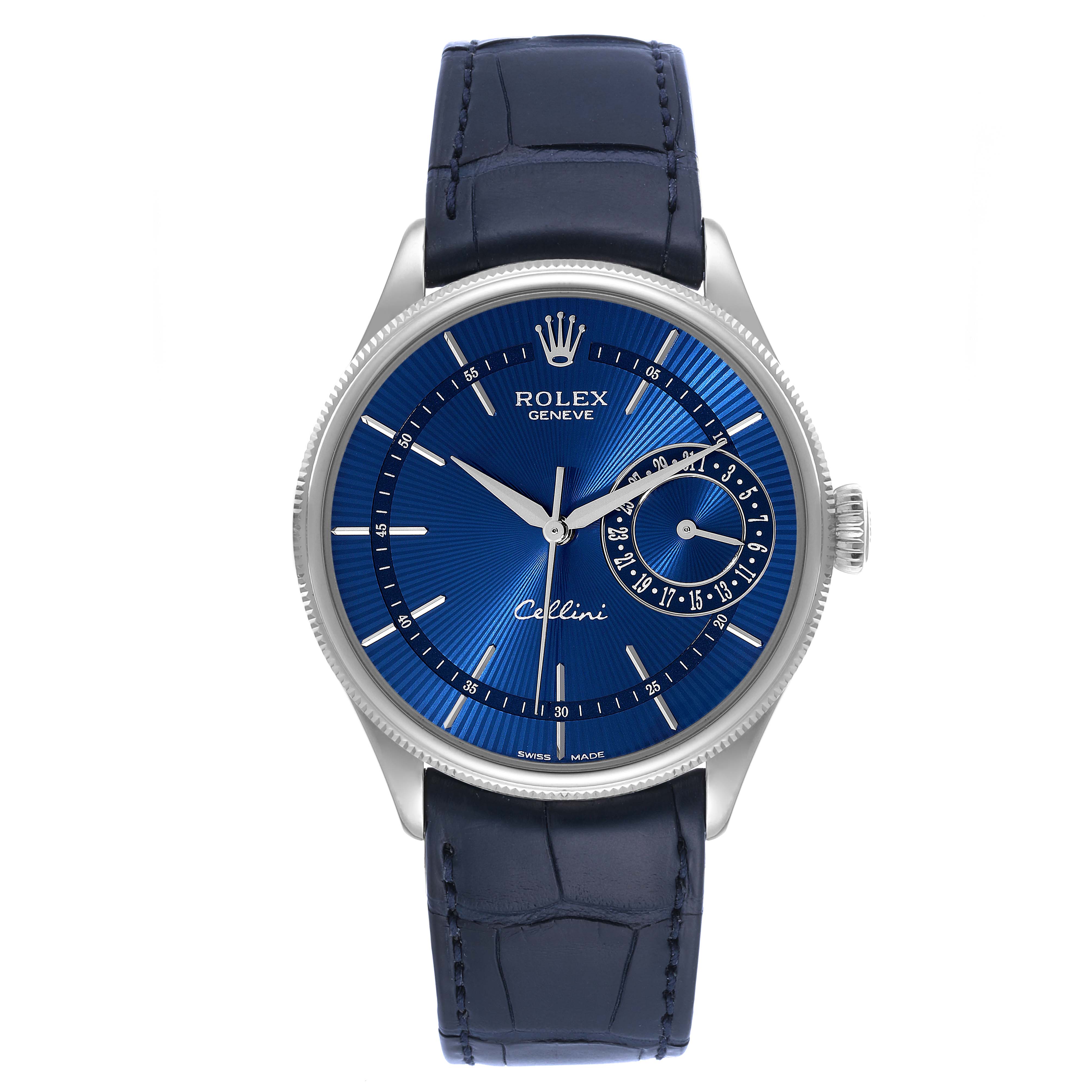 The image shows a Rolex Cellini 50519 Men
s White Gold Blue Dial 50519 Men
s White Gold Blue Dial watch from a front angle, displaying the blue dial, hands, markers, and leather strap.