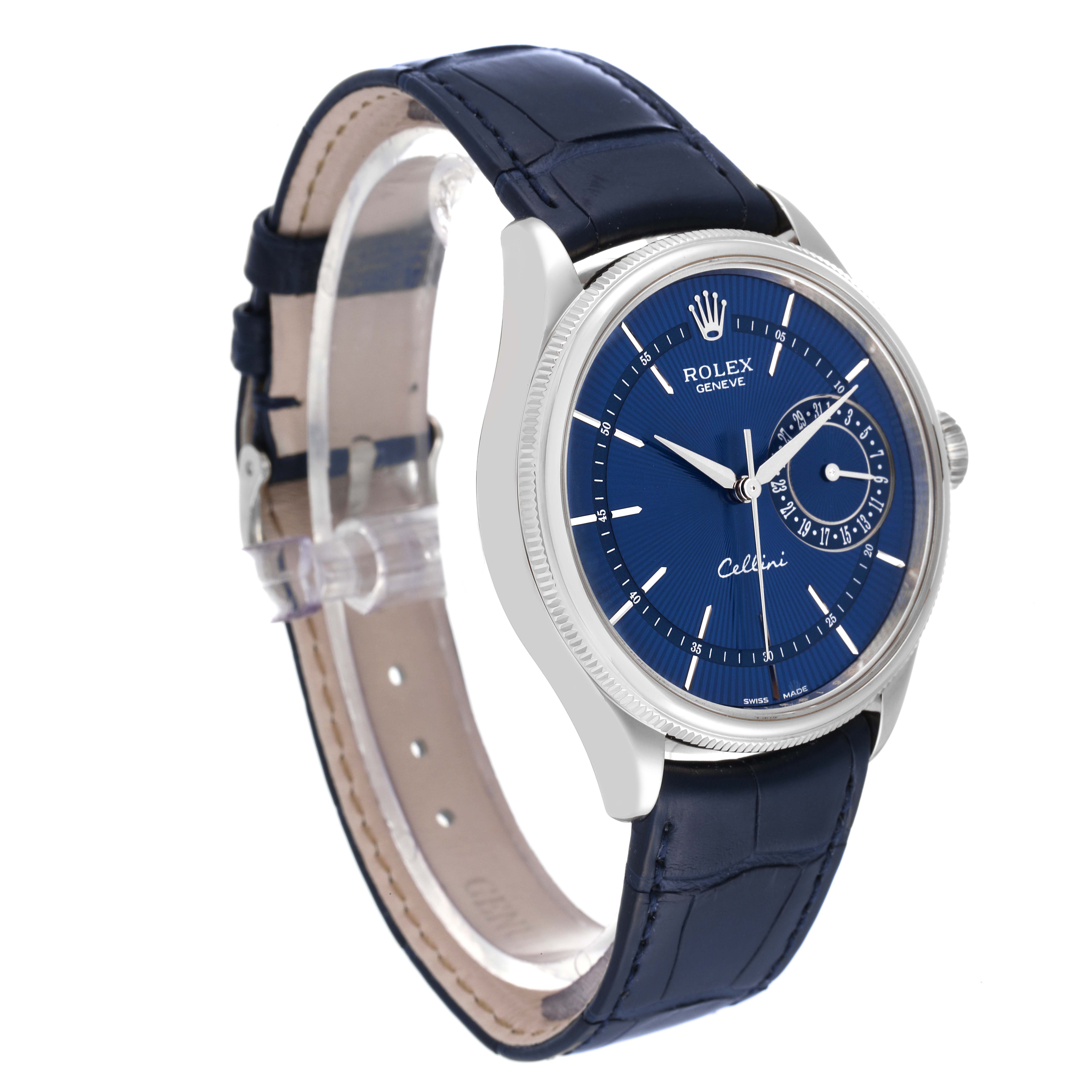 The Rolex Cellini 50519 Men
s White Gold Blue Dial 50519 Men
s White Gold Blue Dial watch is shown from a three-quarter angle, displaying the face, bezel, lugs, and a part of the leather strap.