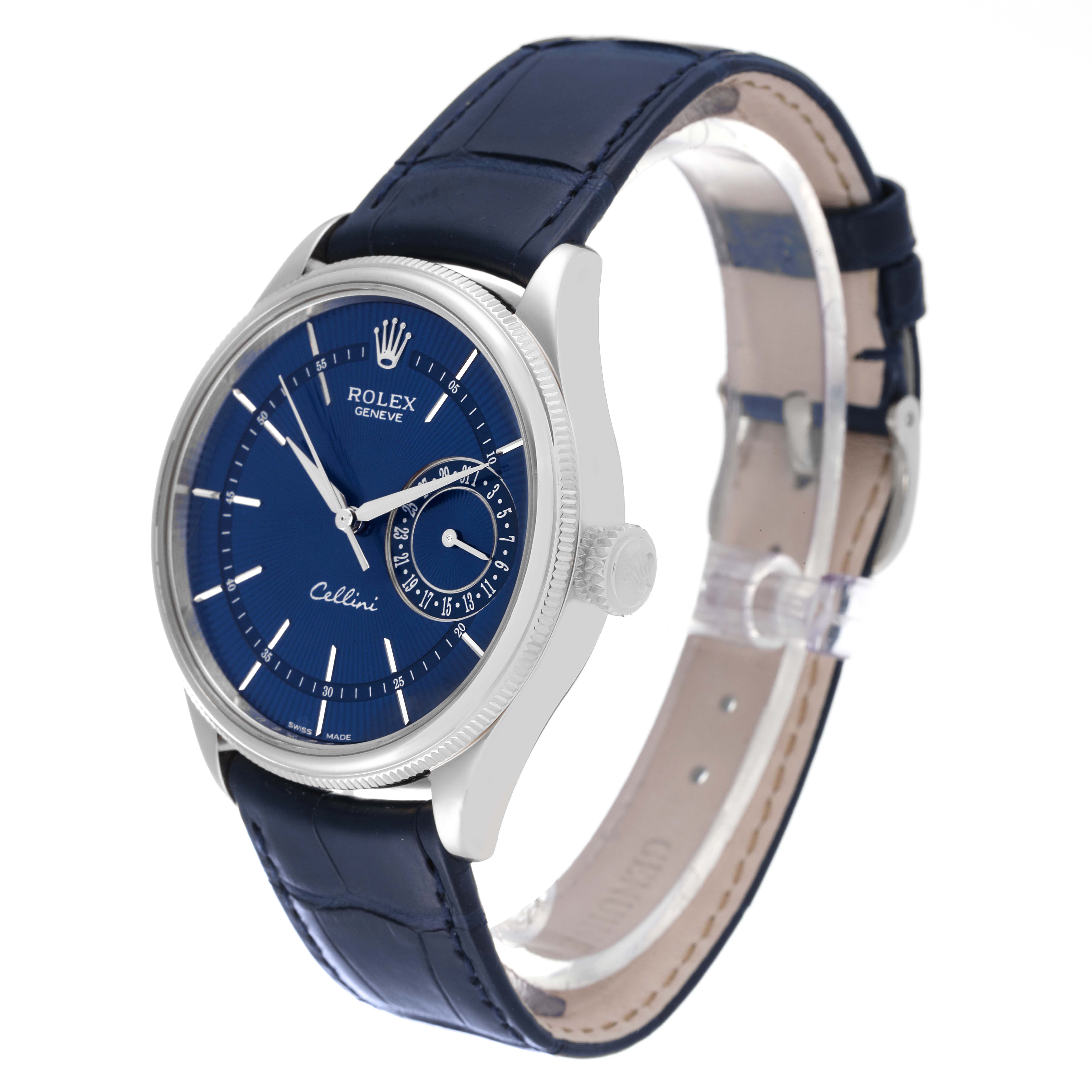 The image shows a Rolex Cellini 50519 Men
s White Gold Blue Dial 50519 Men
s White Gold Blue Dial watch at a three-quarter angle, displaying the dial, case, and leather strap.