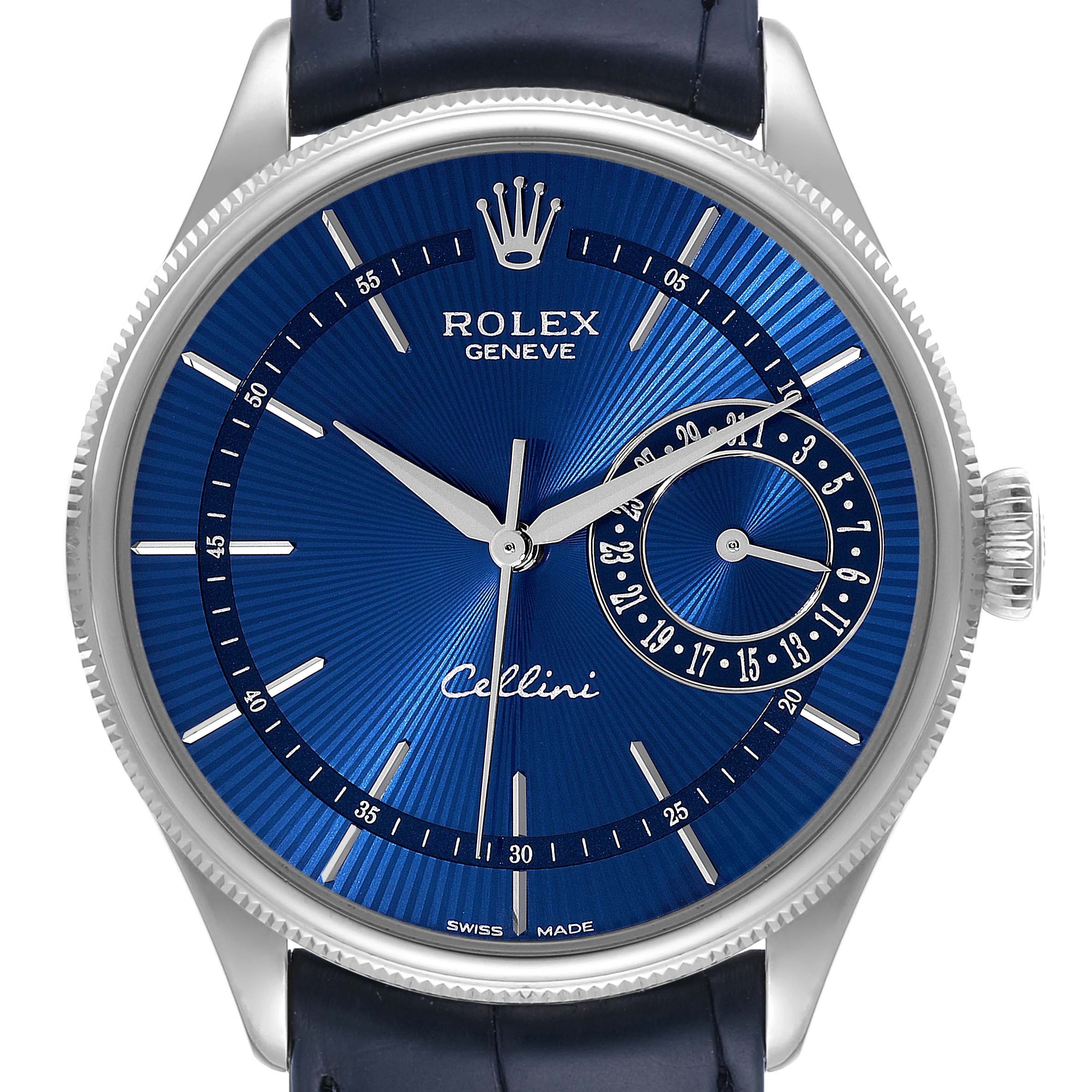 The Rolex Cellini 50519 Men
s White Gold Blue Dial 50519 Men
s White Gold Blue Dial watch is shown at a front angle, highlighting the blue dial, crown, and sub-dial with the leather strap partially visible.