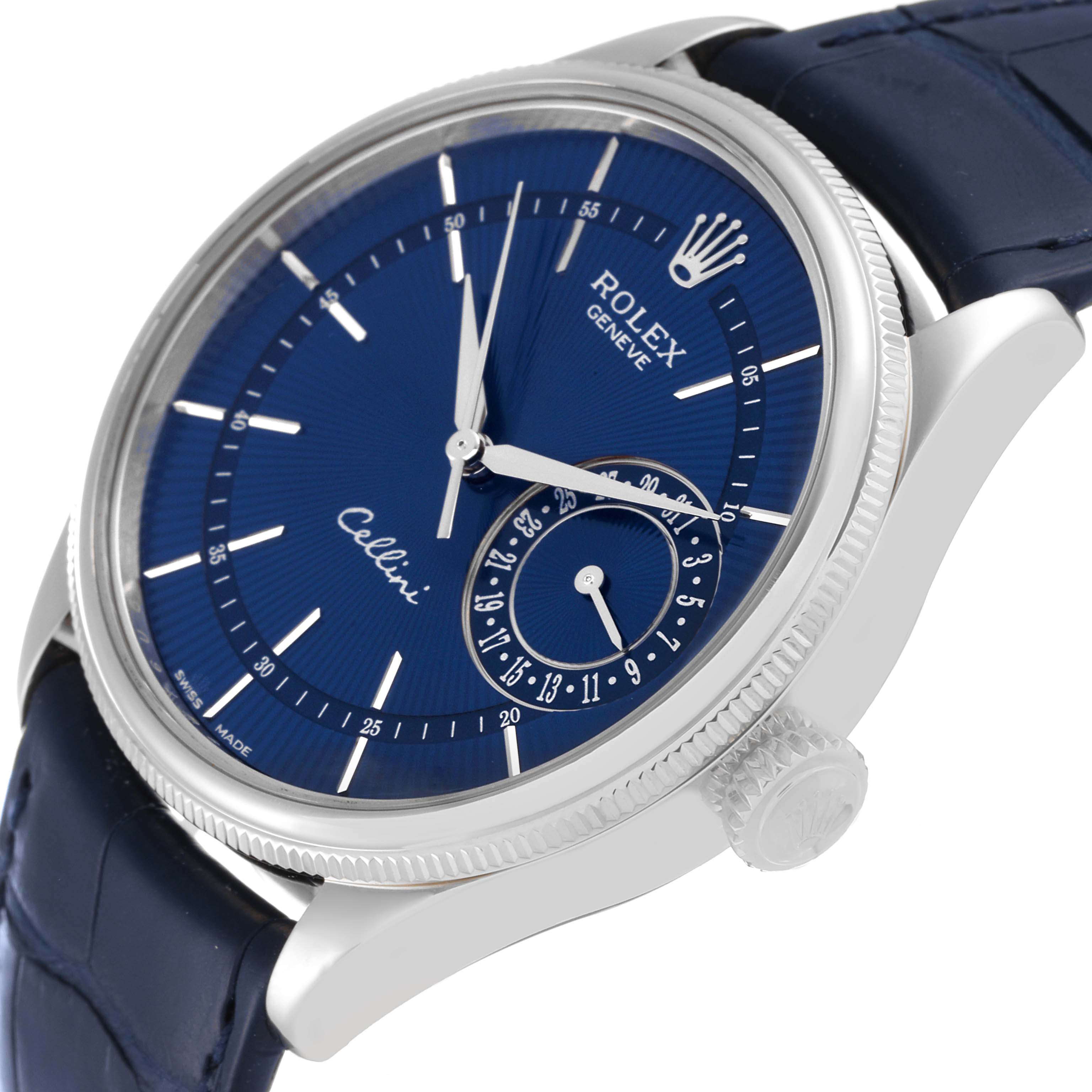 The Rolex Cellini 50519 Men
s White Gold Blue Dial 50519 Men
s White Gold Blue Dial watch is shown at an angled view highlighting the blue dial, crown, and partial strap.
