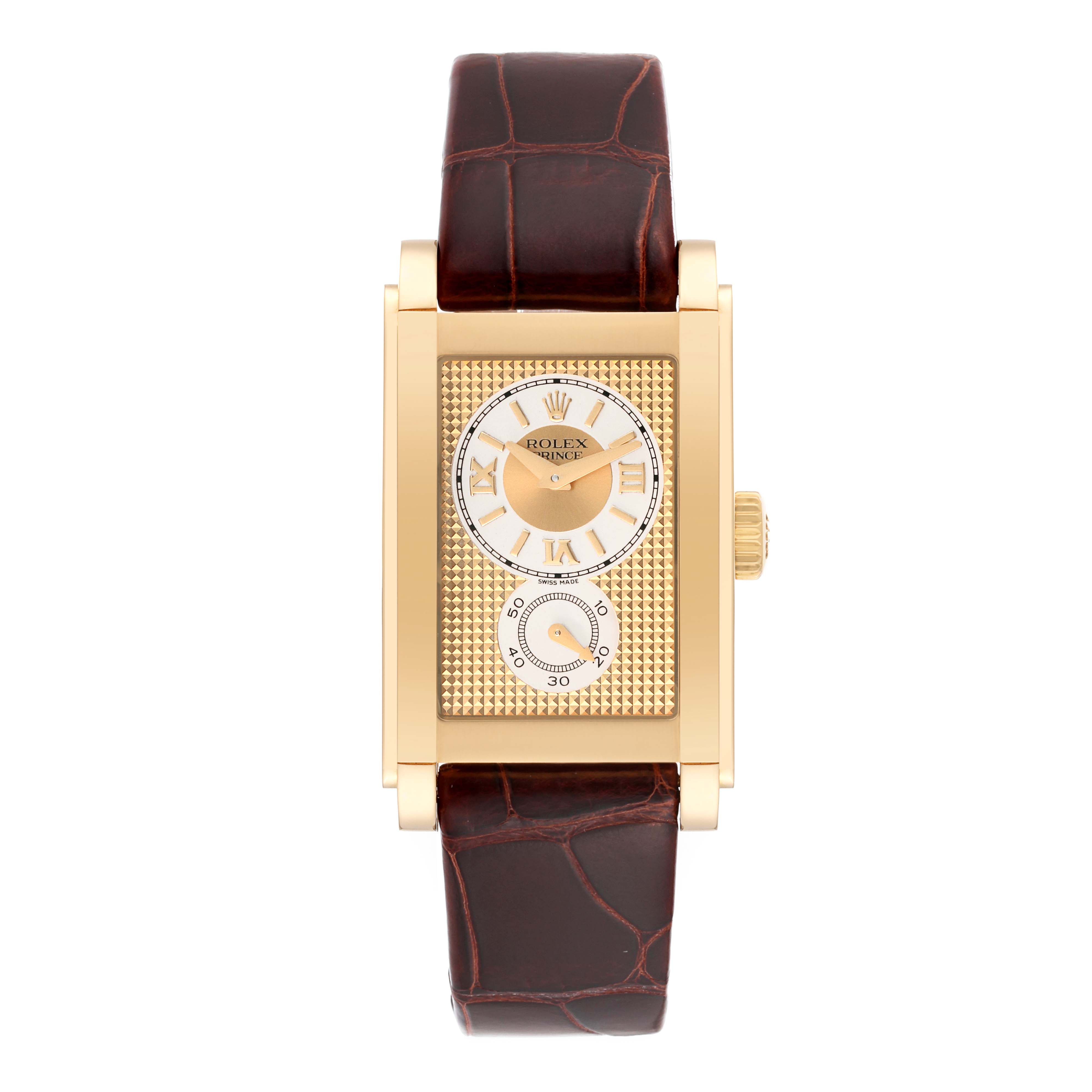The image shows a front view of a rectangular Rolex Cellini 5440/8 Men
s Yellow Gold Champagne Dial 5440/8 Men
s Yellow Gold Champagne Dial watch with a gold case and brown leather strap.