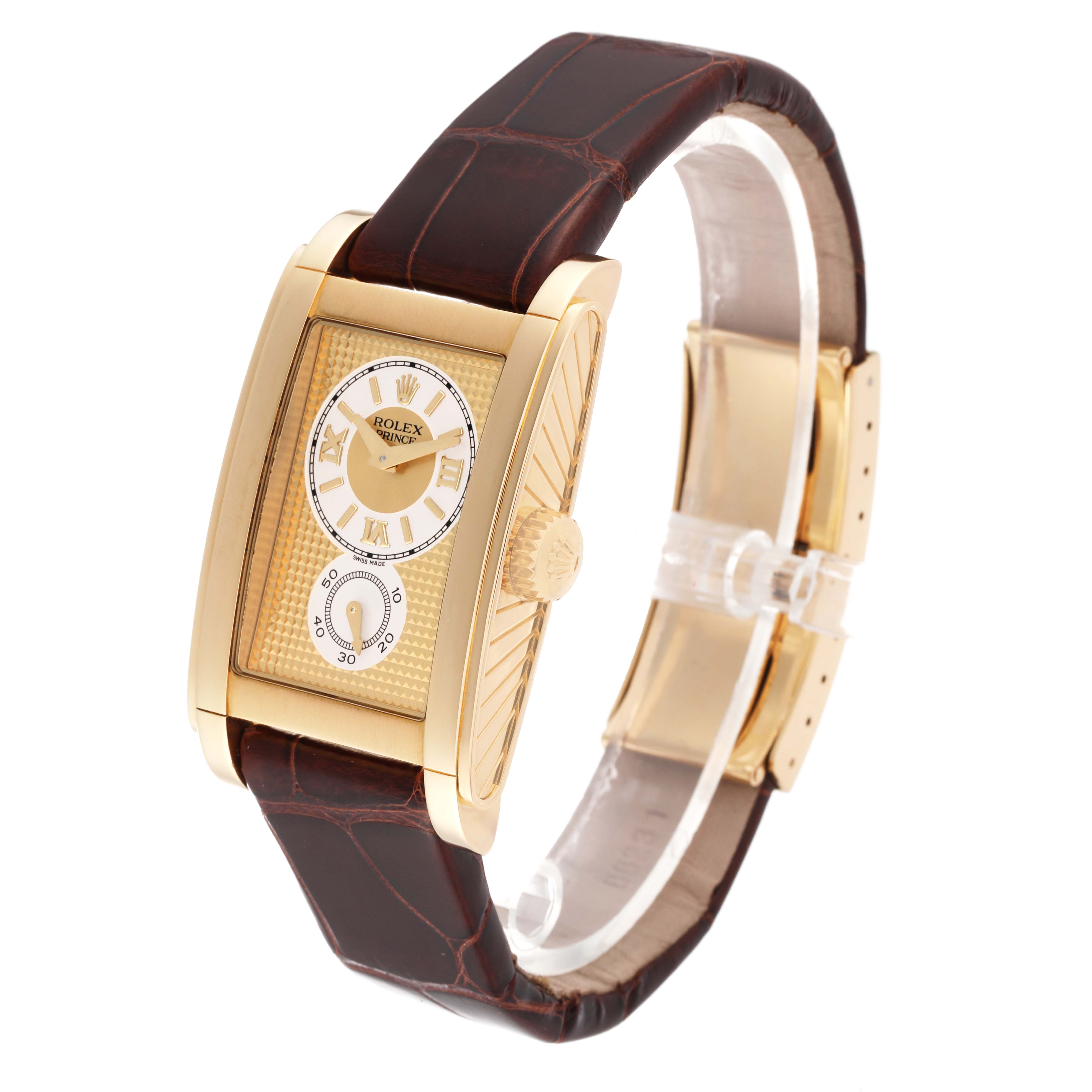 The image shows a gold Rolex Cellini 5440/8 Men
s Yellow Gold Champagne Dial 5440/8 Men
s Yellow Gold Champagne Dial watch at a three-quarter angle, highlighting its dial, crown, and leather strap.