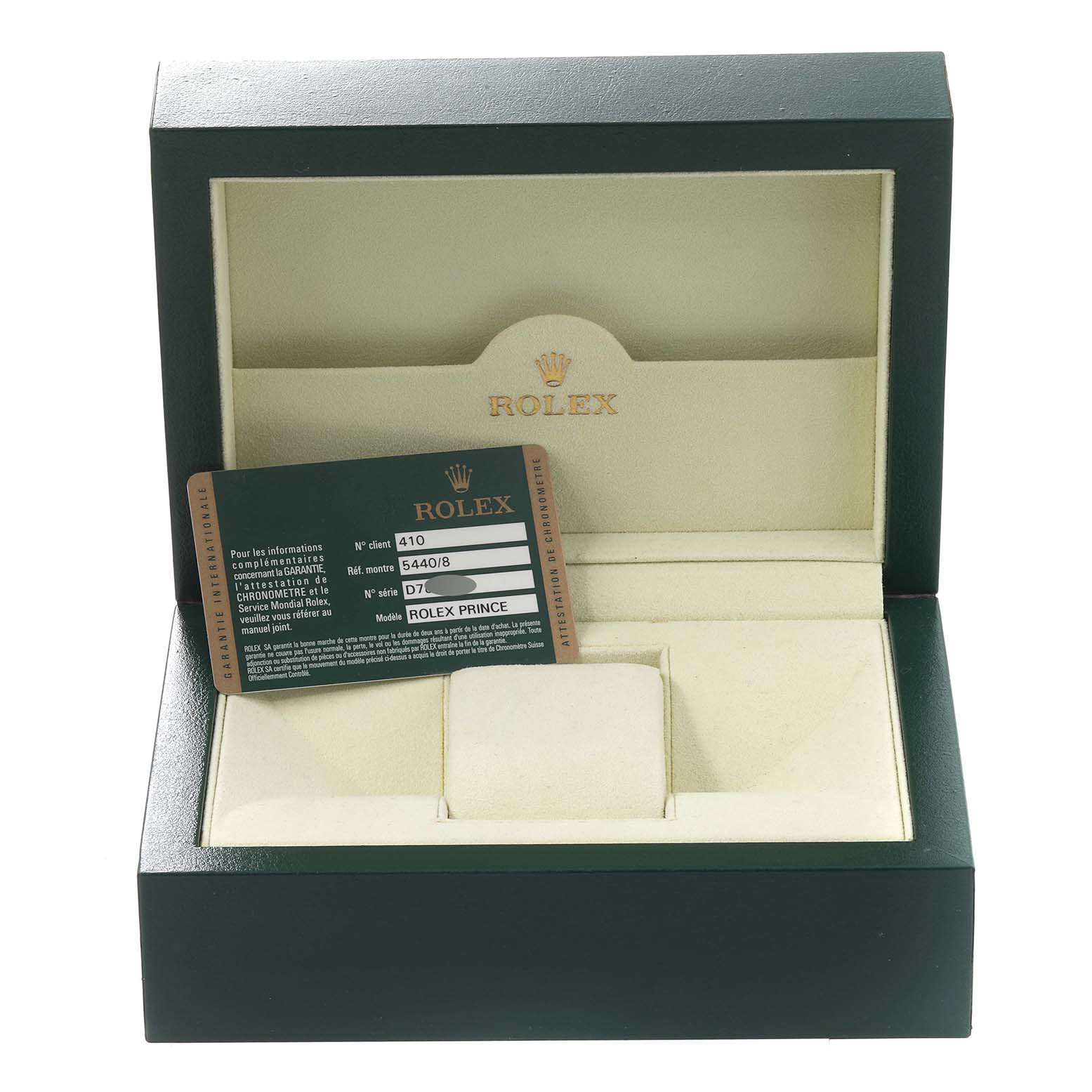 The image shows a Rolex Cellini 5440/8 Men
s Yellow Gold Champagne Dial 5440/8 Men
s Yellow Gold Champagne Dial watch box with an open lid and a warranty card inside.
