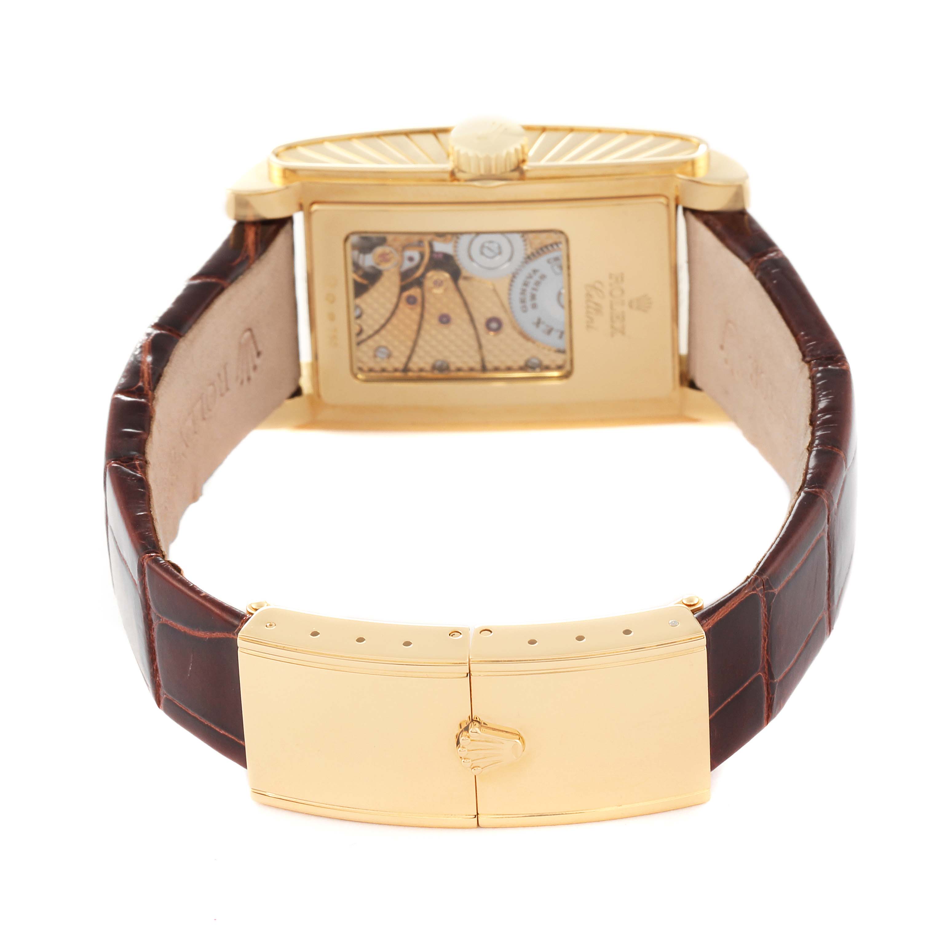 This image shows the back of the Rolex Cellini 5440/8 Men
s Yellow Gold Champagne Dial 5440/8 Men
s Yellow Gold Champagne Dial watch, highlighting its clasp, leather strap, and the movement mechanism through the case back.