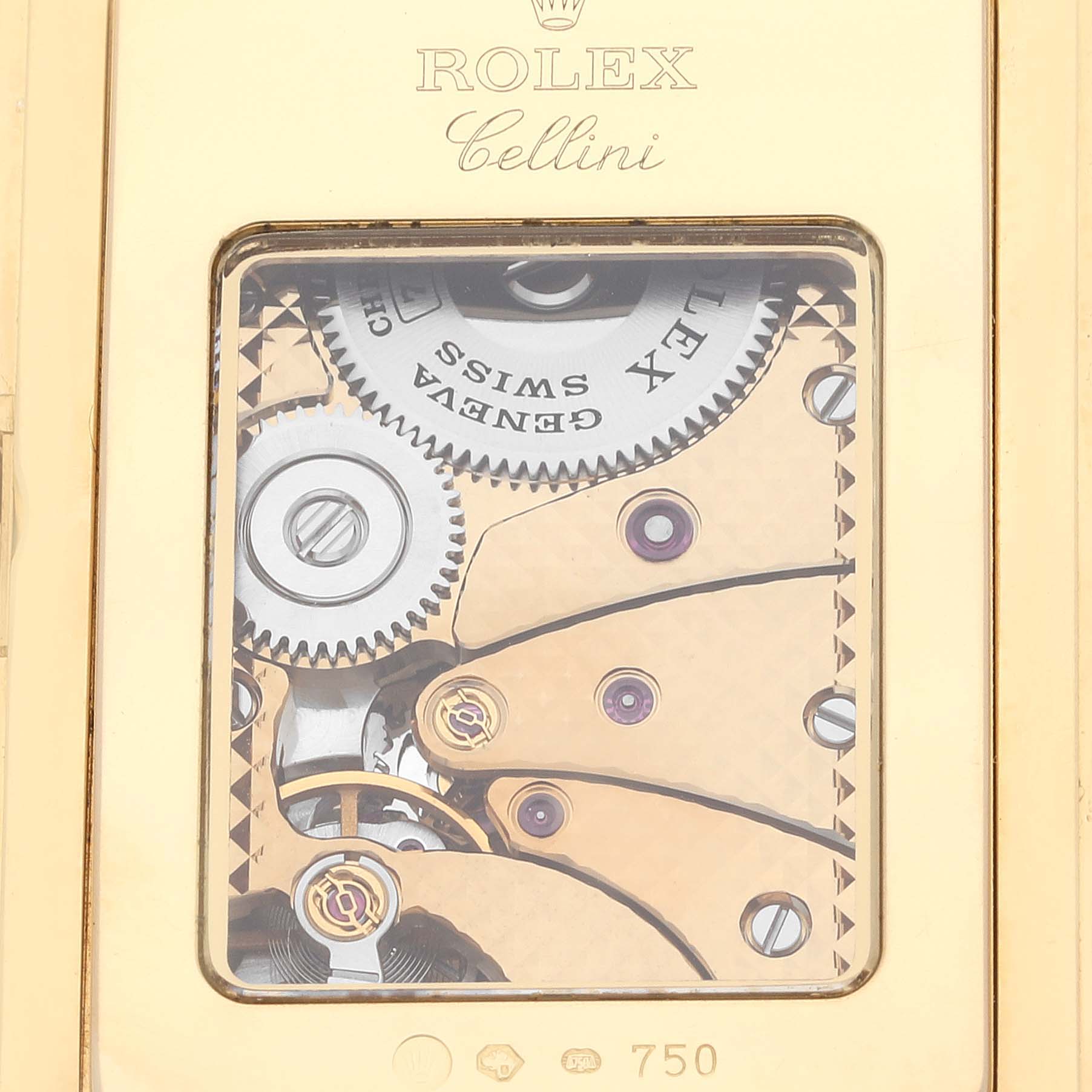 The image shows an angled view of the internal mechanical parts of a Rolex Cellini 5440/8 Men
s Yellow Gold Champagne Dial 5440/8 Men
s Yellow Gold Champagne Dial watch, particularly the gears and intricate movement components.