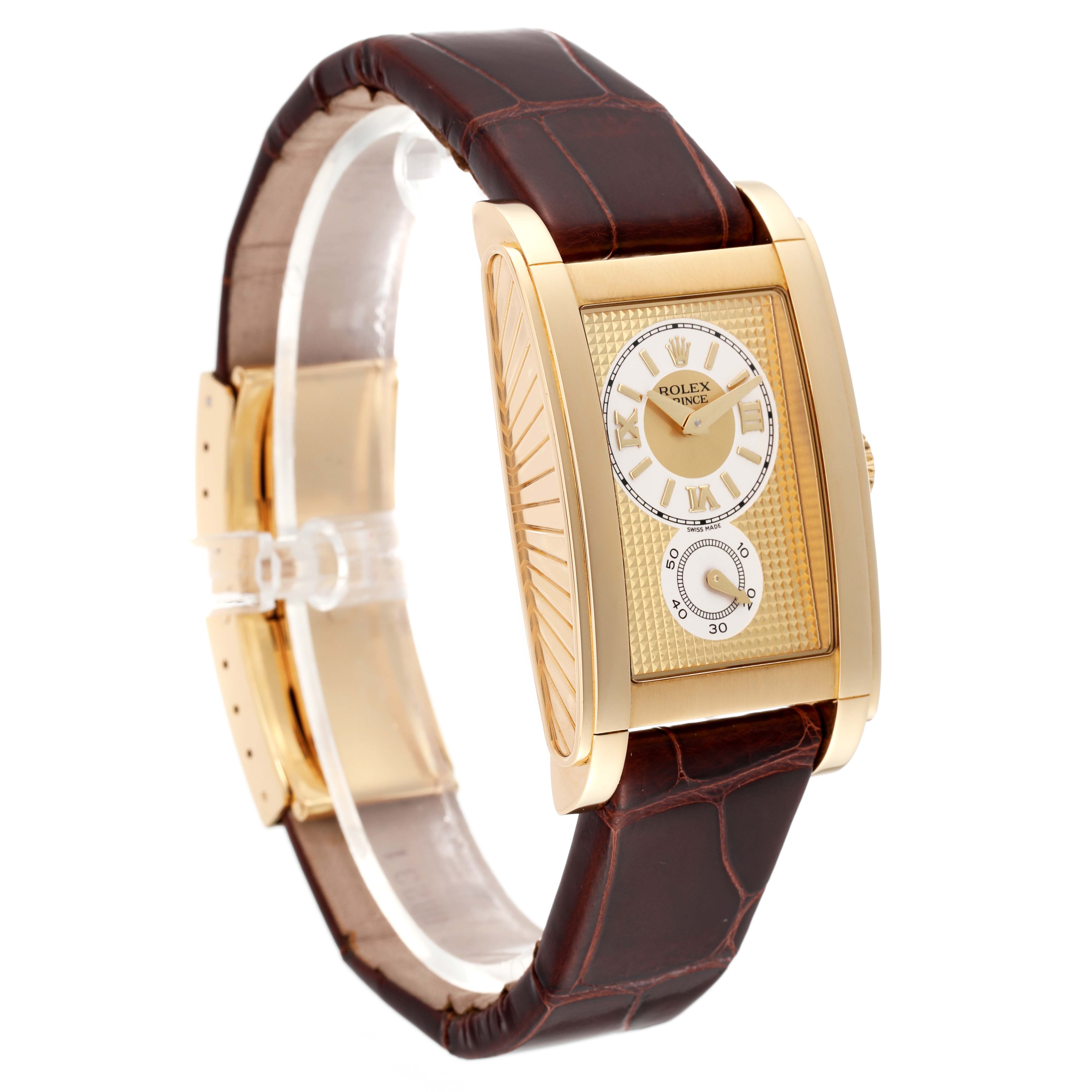 The Rolex Cellini 5440/8 Men
s Yellow Gold Champagne Dial 5440/8 Men
s Yellow Gold Champagne Dial model watch is shown at an angle displaying its gold rectangular face and brown leather strap.