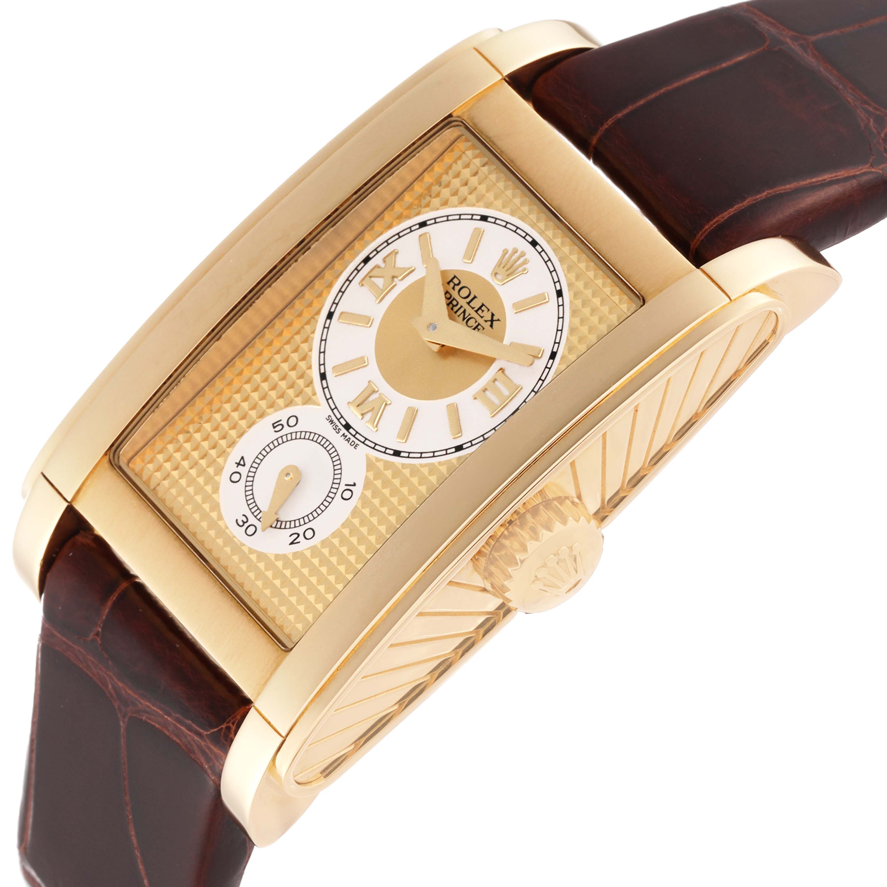 The image shows a Rolex Cellini 5440/8 Men
s Yellow Gold Champagne Dial 5440/8 Men
s Yellow Gold Champagne Dial Prince watch at an angled side view, highlighting the face, crown, and strap.