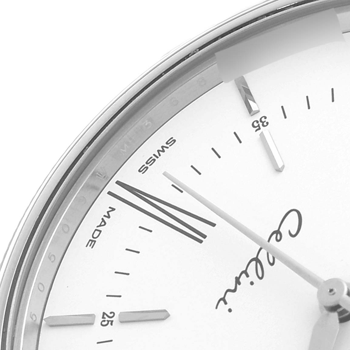 The image shows a close-up of the dial and hands of a Rolex Cellini 50509 Men's White Gold White Dial 50509 Men's White Gold White Dial watch from a partial angle.