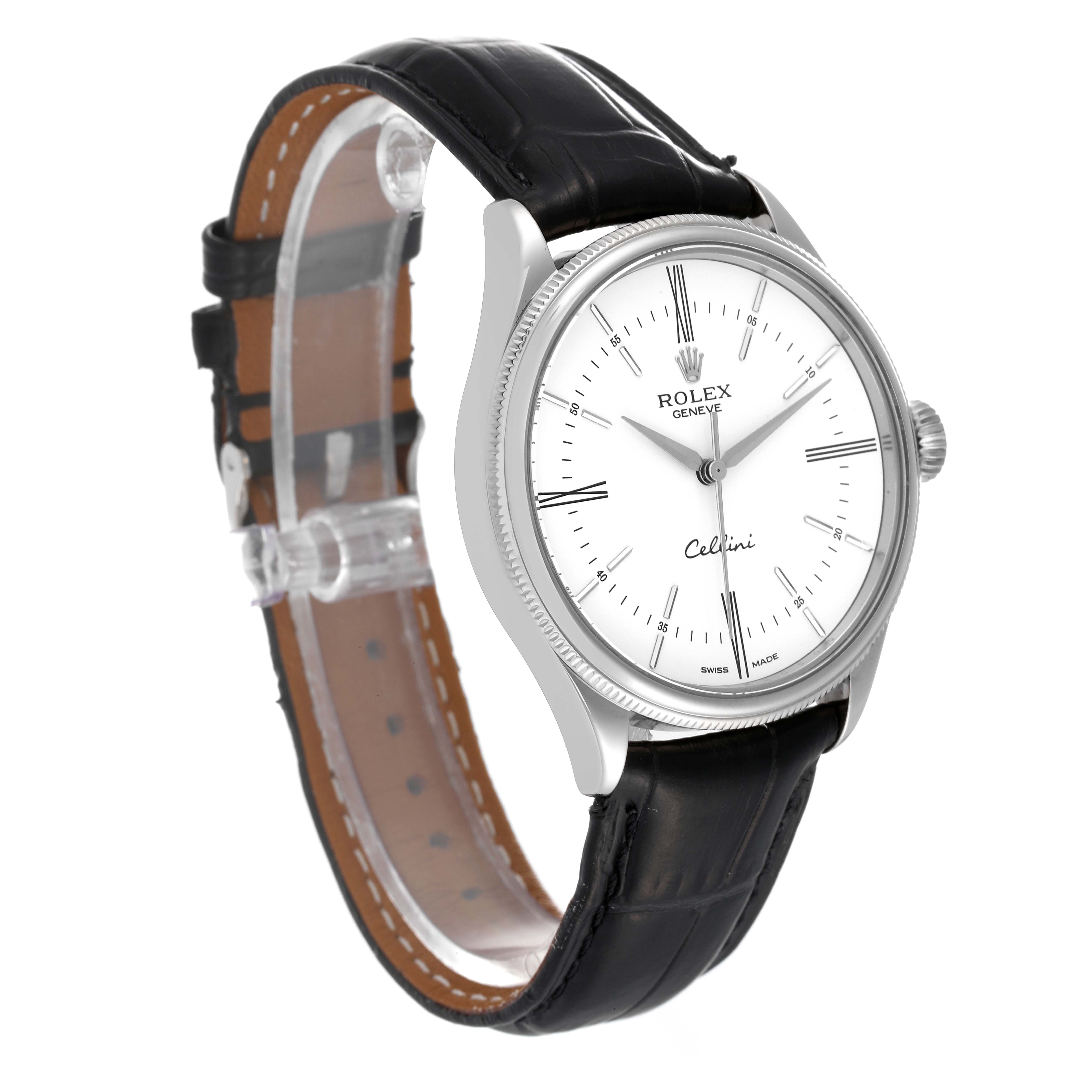 The image shows a Rolex Cellini 50509 Men's White Gold White Dial 50509 Men's White Gold White Dial watch at a 3/4 angle, highlighting its white dial, leather strap, and bezel.