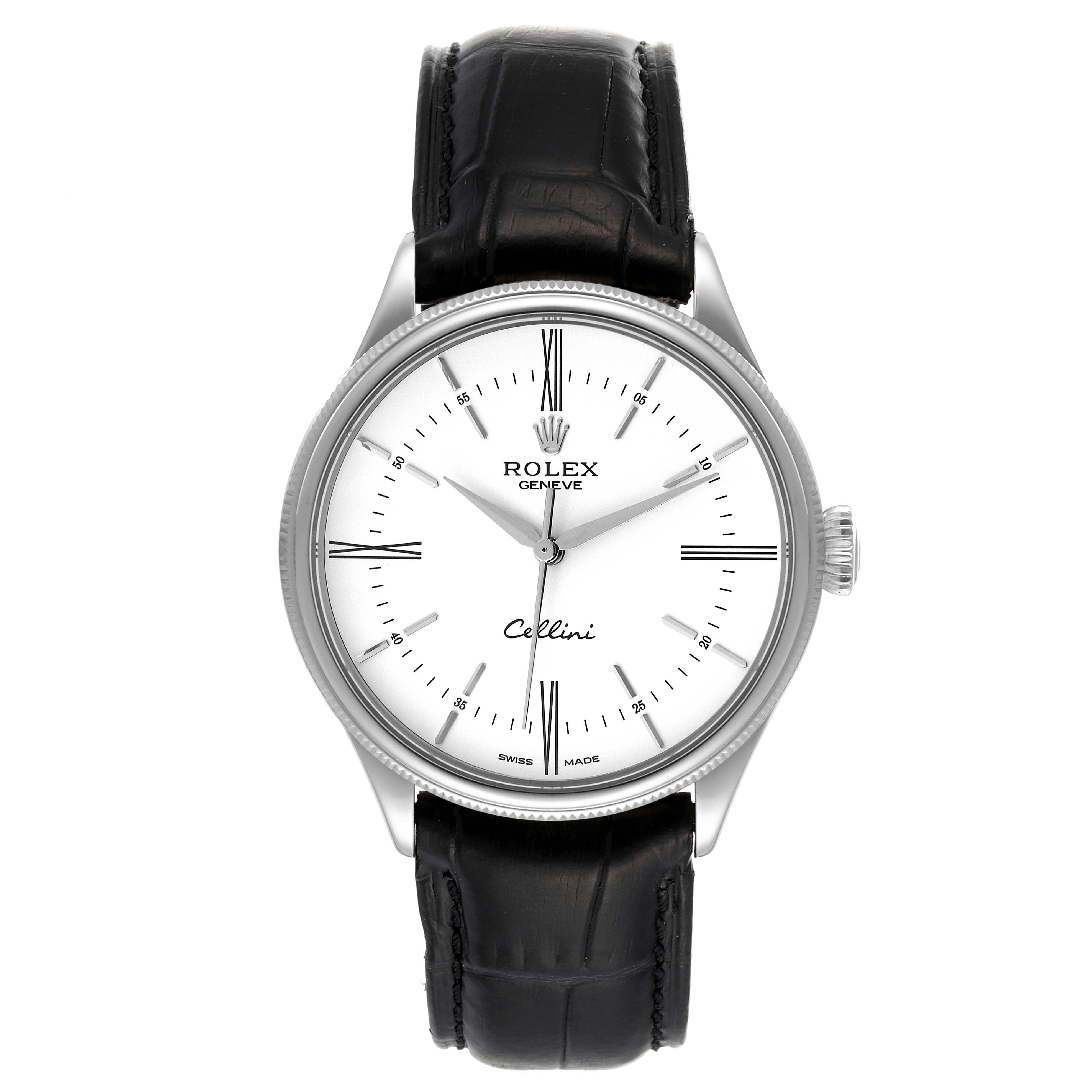The image shows a front view of a Rolex Cellini 50509 Men's White Gold White Dial 50509 Men's White Gold White Dial watch with a white dial and black leather strap.