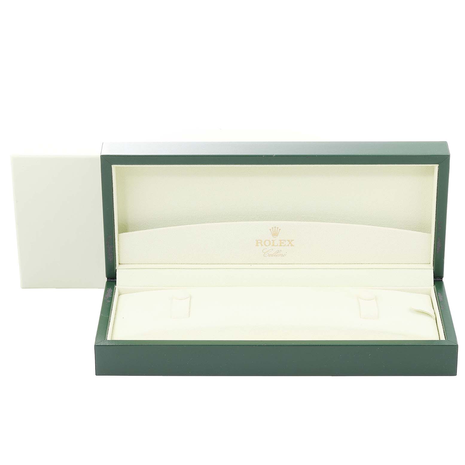 This image shows an open Rolex Cellini 50509 Men's White Gold White Dial 50509 Men's White Gold White Dial watch box, displaying its interior from a front-facing angle.