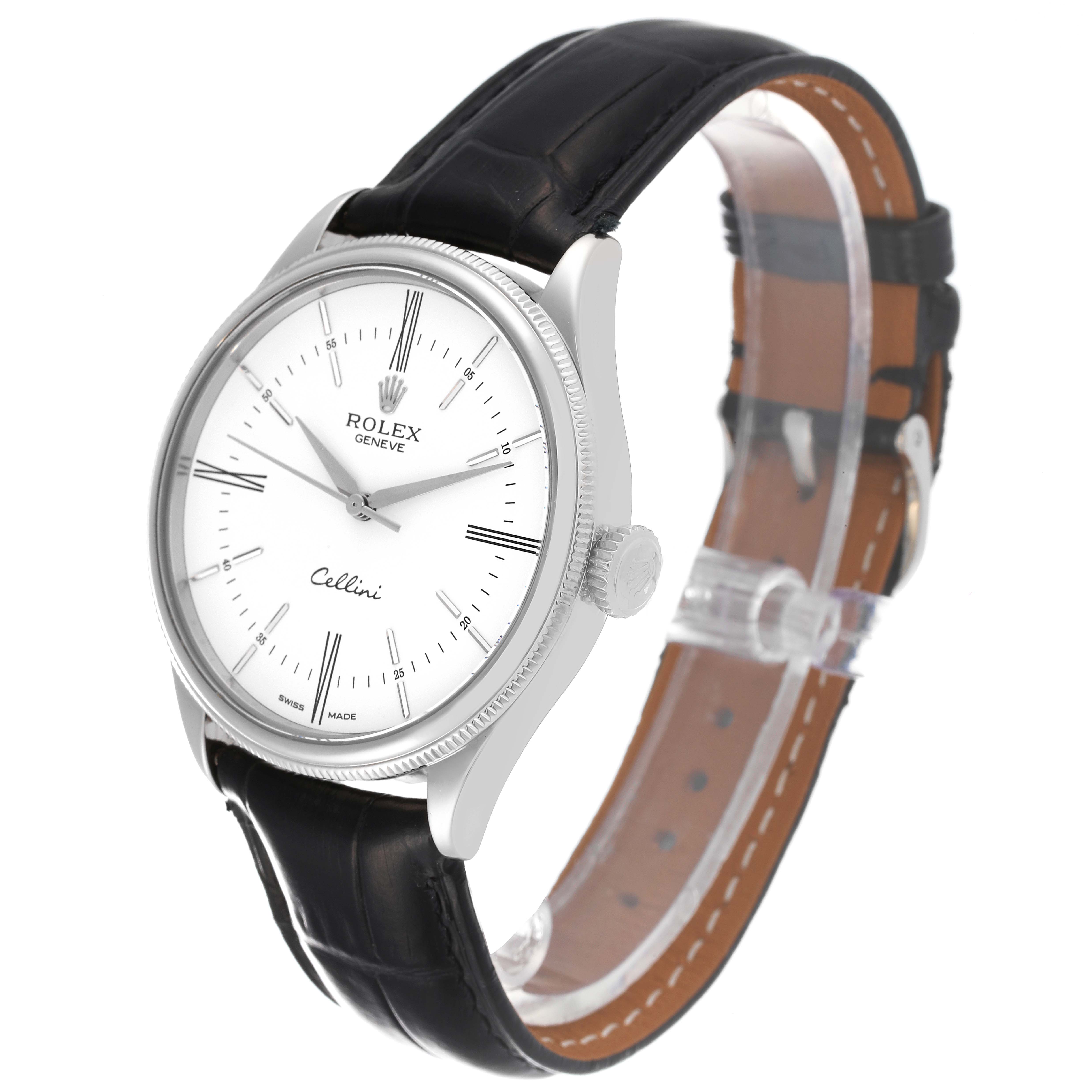 The Rolex Cellini 50509 Men's White Gold White Dial 50509 Men's White Gold White Dial watch is shown at a three-quarter angle, displaying its face, crown, and black leather strap.