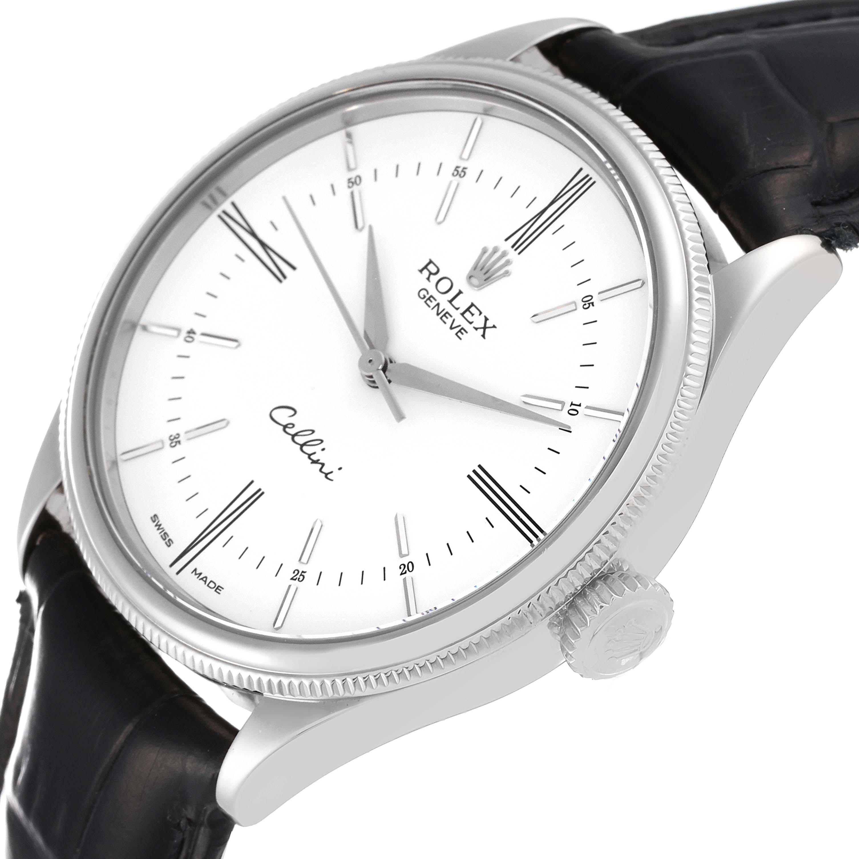 The image displays a close-up angle of a Rolex Cellini 50509 Men's White Gold White Dial 50509 Men's White Gold White Dial watch, showing its face, crown, and part of the strap.