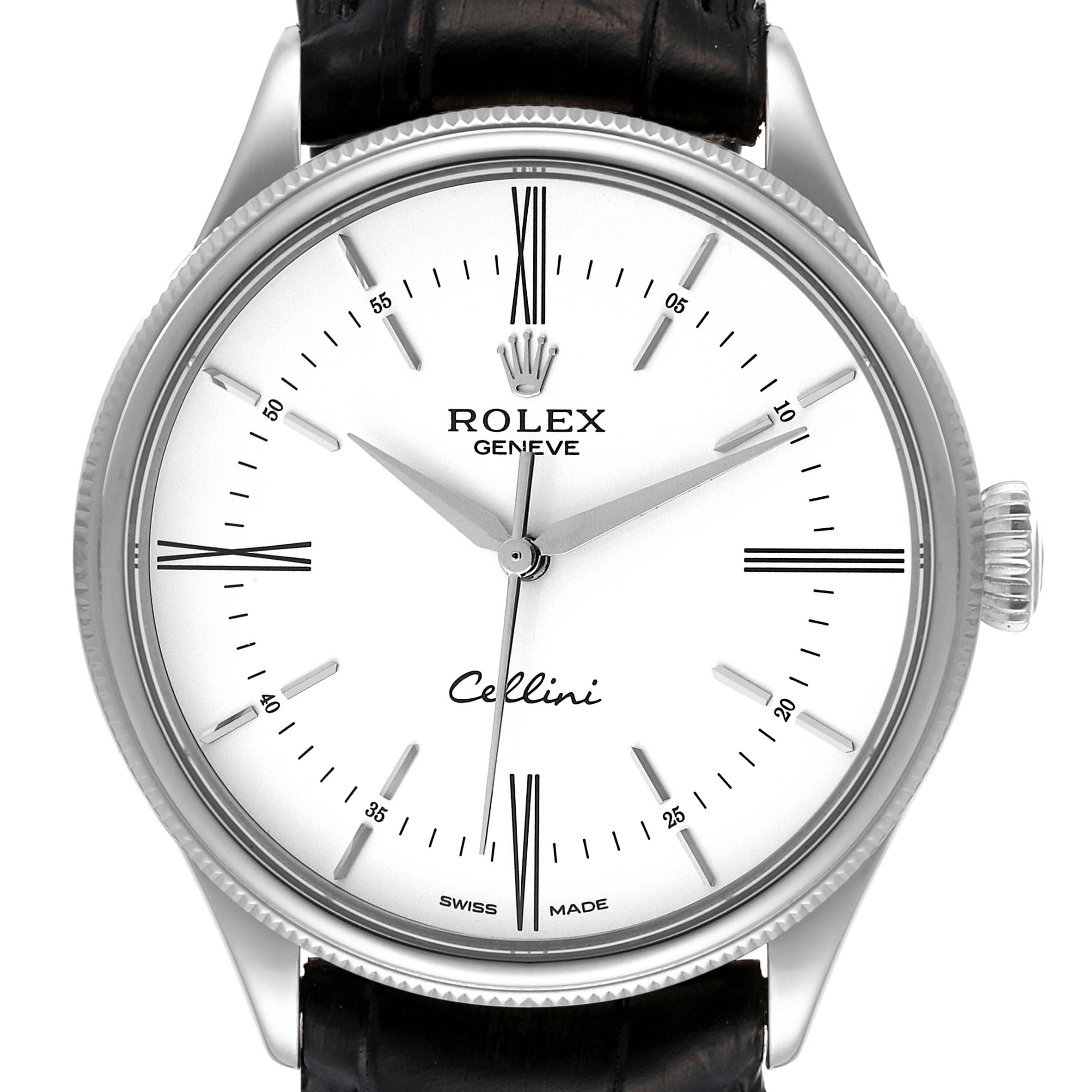 The image shows a frontal view of the Rolex Cellini 50509 Men's White Gold White Dial 50509 Men's White Gold White Dial watch, highlighting its white dial, black leather strap, and silver indices.