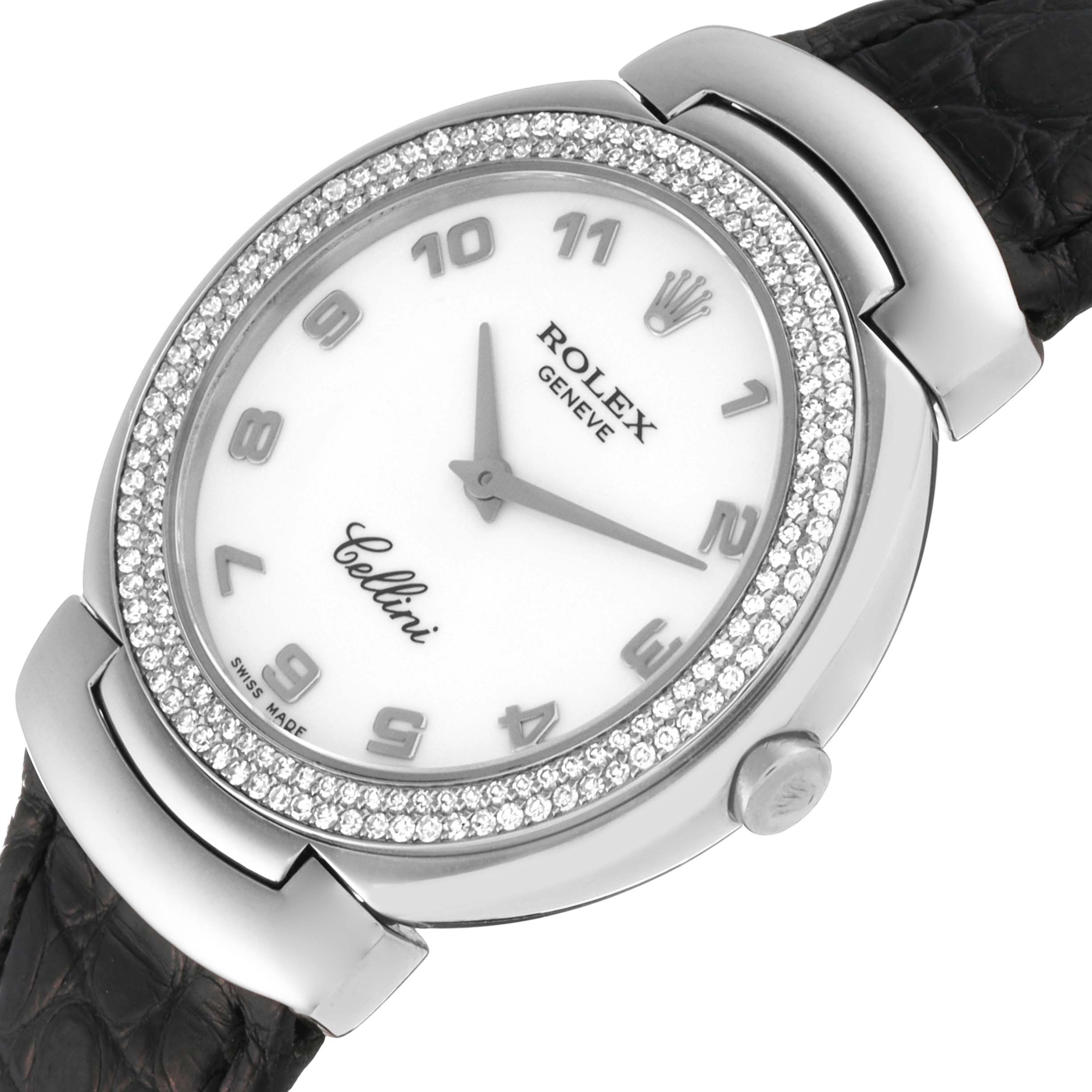 The image displays a Rolex Cellini 6681 Women's White Gold White Dial 6681 Women's White Gold White Dial watch from a slightly tilted angle, showcasing the dial, bezel, case, and part of the strap.