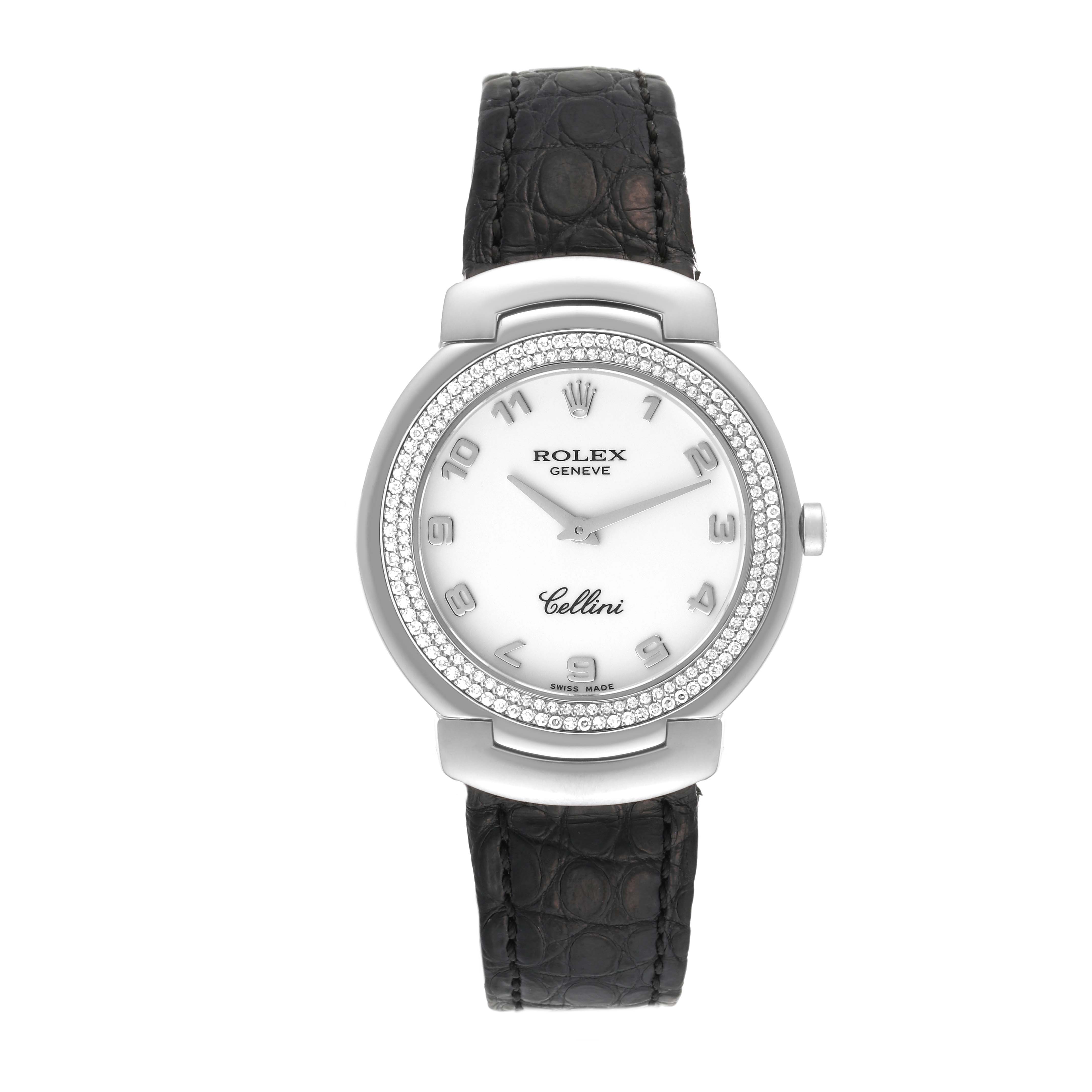 This image shows a front view of the Rolex Cellini 6681 Women's White Gold White Dial 6681 Women's White Gold White Dial watch, displaying the dial, bezel, crown, and leather strap.