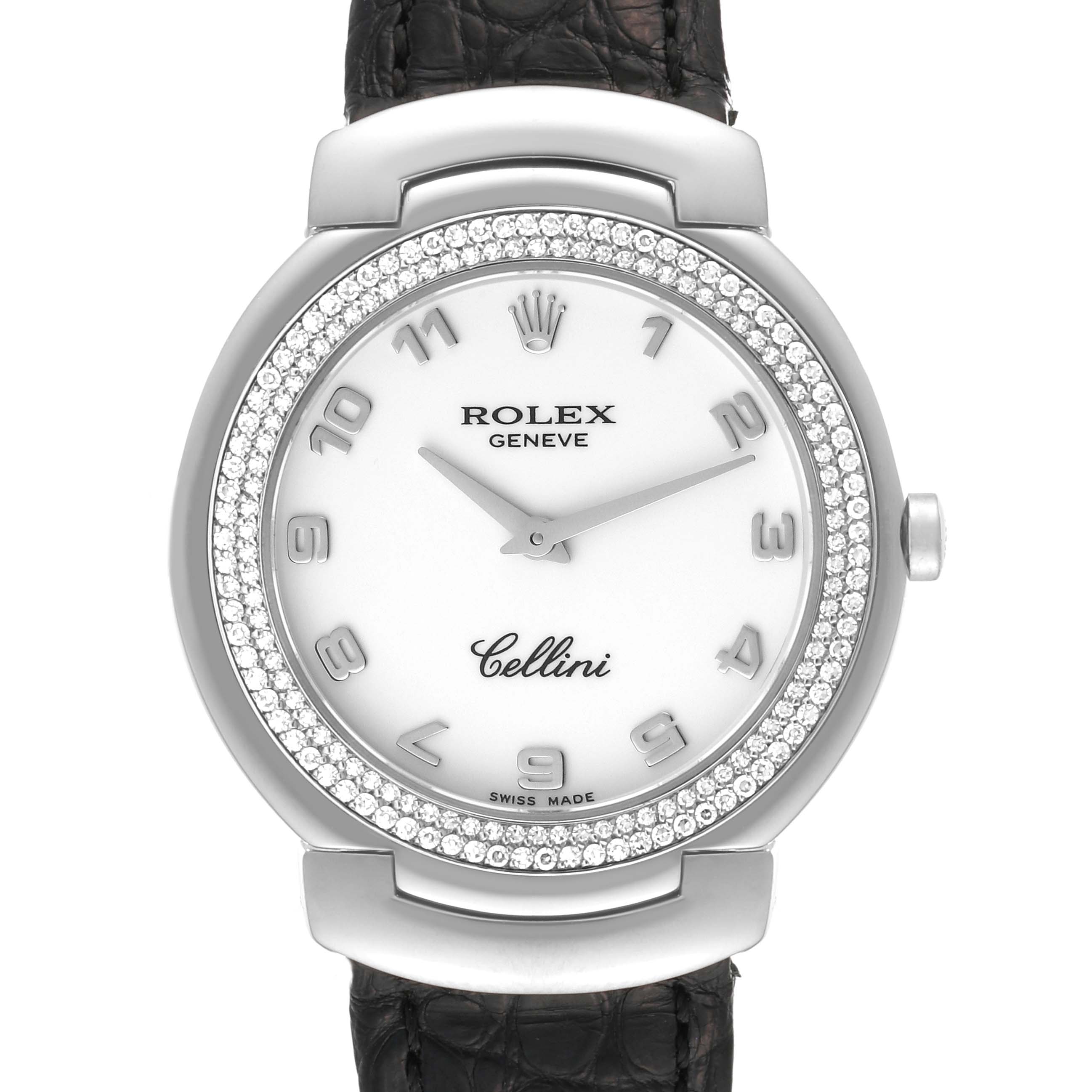 This image shows a front view of a Rolex Cellini 6681 Women's White Gold White Dial 6681 Women's White Gold White Dial watch displaying its face, dial, bezel, and part of its strap.