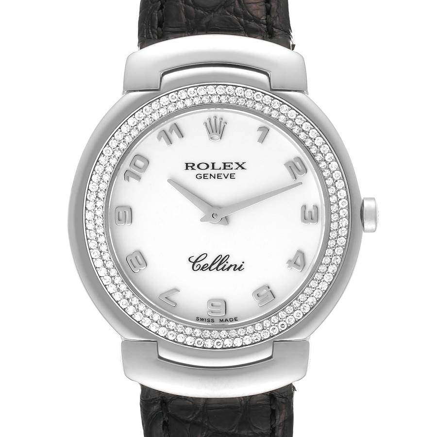 Rolex Cellini White Gold Black Strap Diamond Ladies Watch 6681 SwissWatchExpo