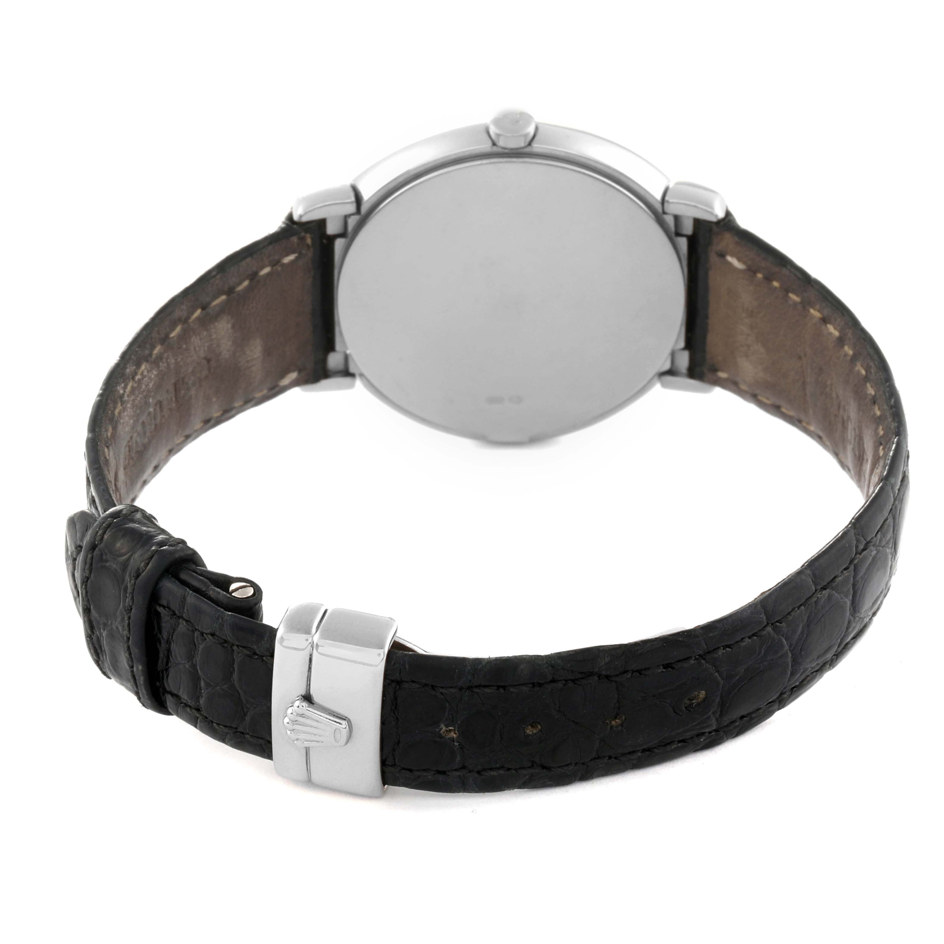 The image shows the back view of a Rolex Cellini 6681 Women's White Gold White Dial 6681 Women's White Gold White Dial watch, highlighting the leather strap and the buckle.