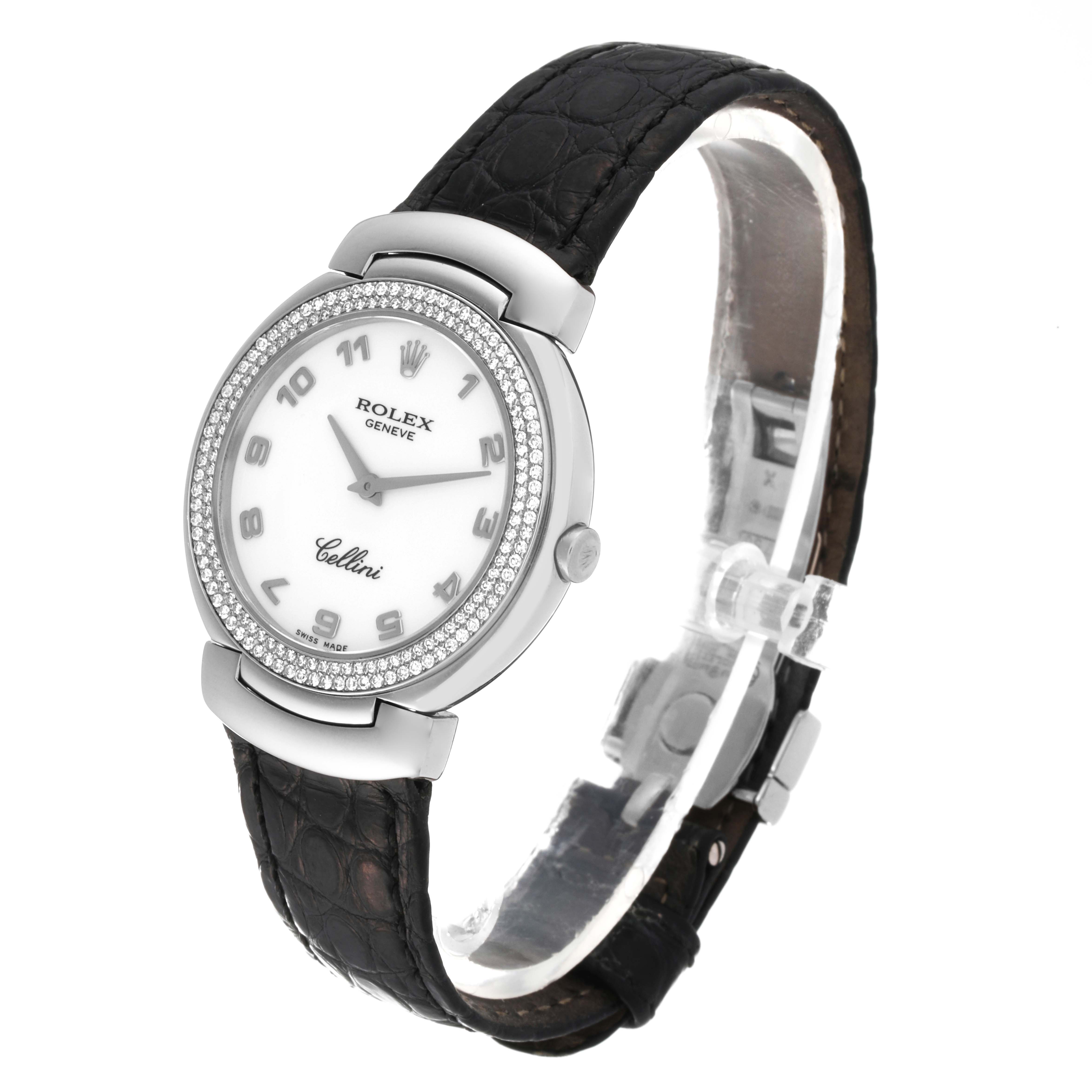 The image shows a Rolex Cellini 6681 Women's White Gold White Dial 6681 Women's White Gold White Dial watch from a left-side angle, highlighting its face, bezel, crown, and leather strap.