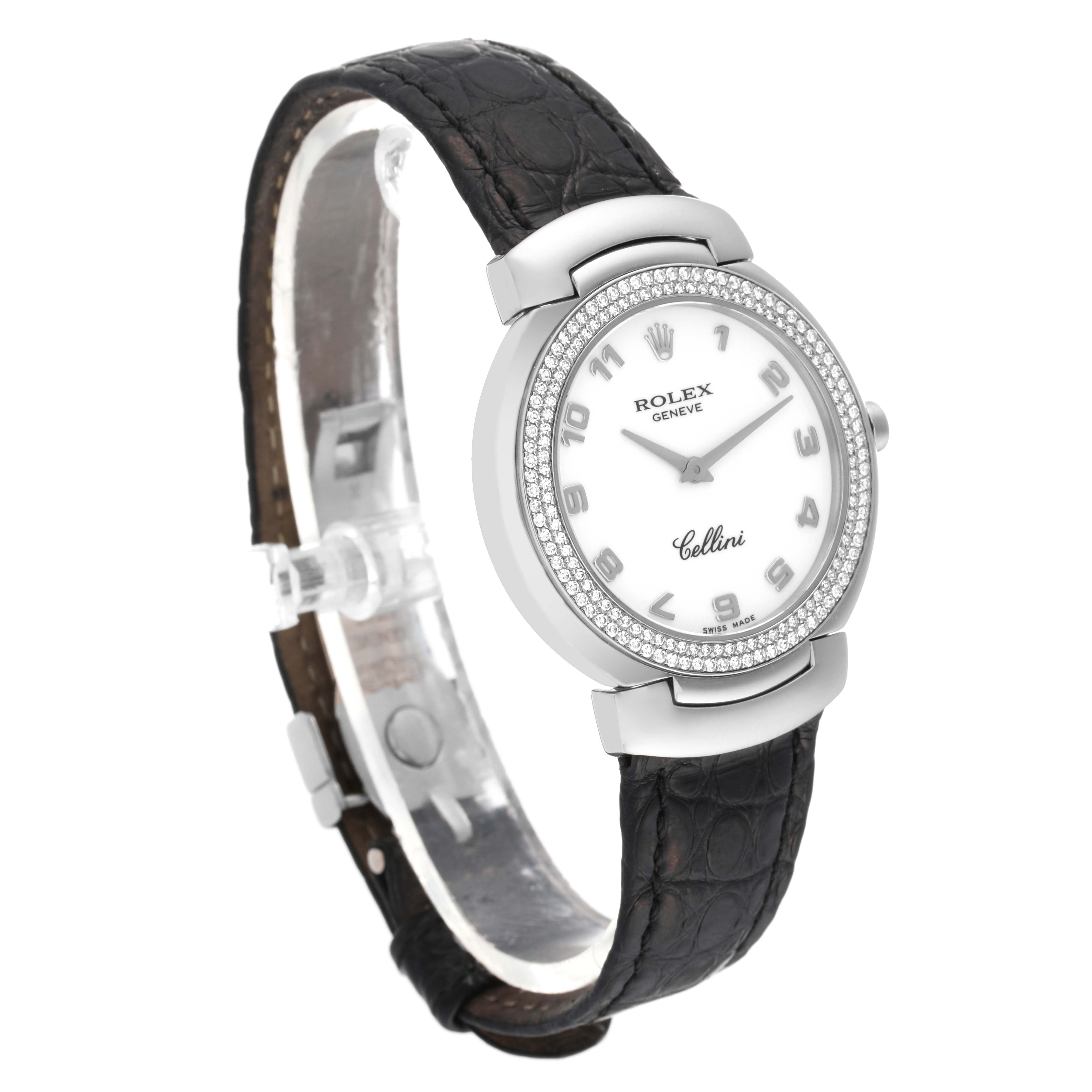 The image shows a Rolex Cellini 6681 Women's White Gold White Dial 6681 Women's White Gold White Dial watch angled slightly from the front, highlighting its face, bezel, and leather strap.