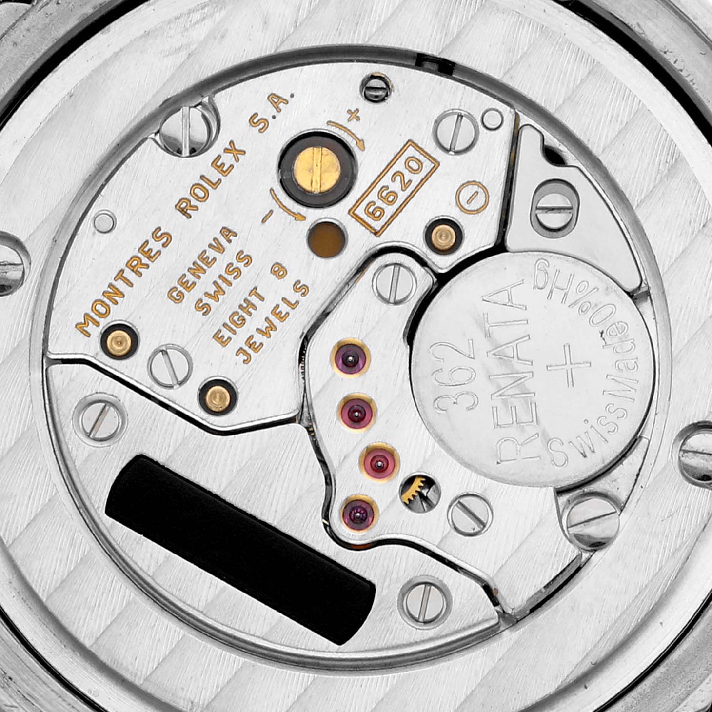 This image shows a close-up of the movement mechanism inside a Rolex Cellini 6681 Women's White Gold White Dial 6681 Women's White Gold White Dial watch.