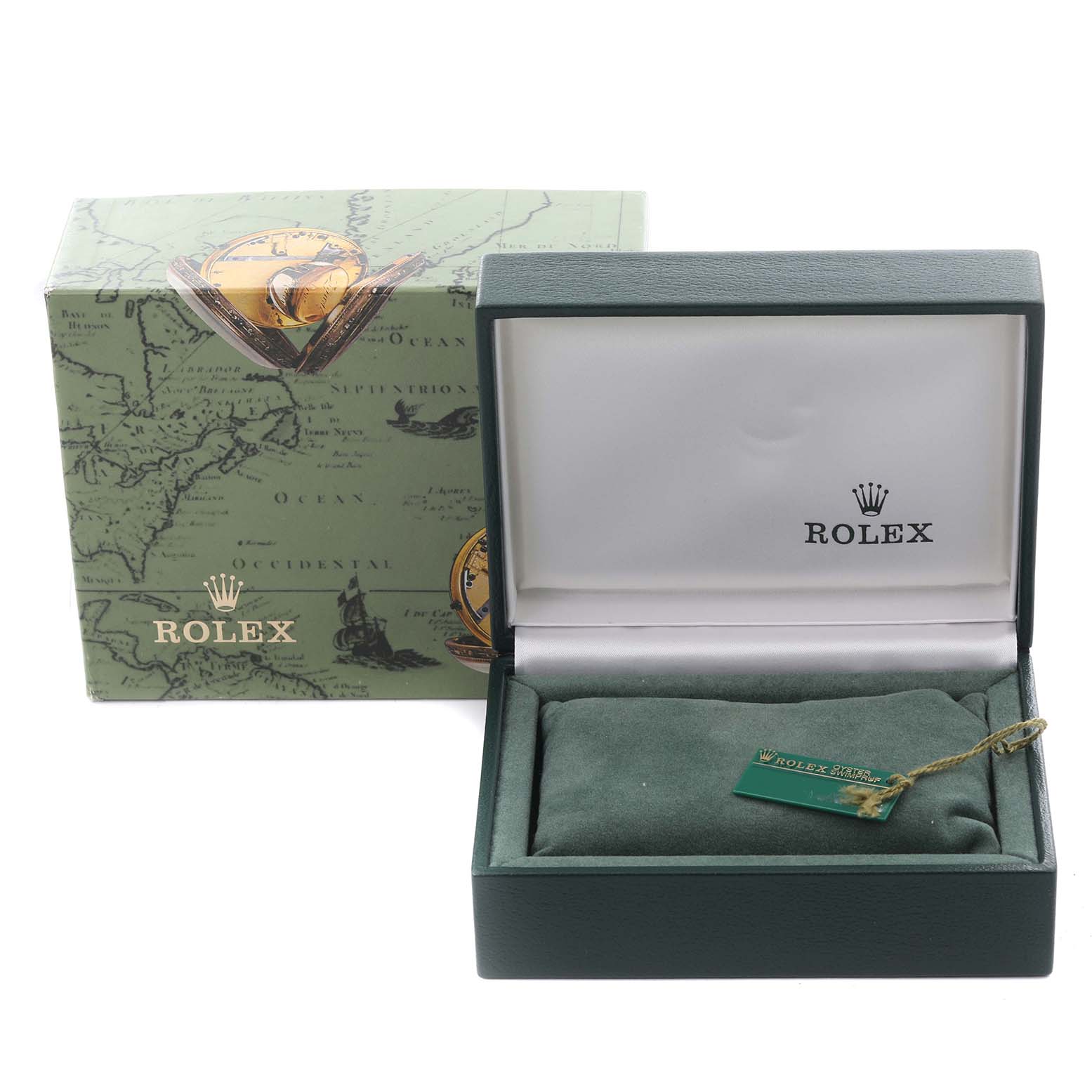 The image shows a green Rolex box and tag for a Date model, but the watch itself is not visible.